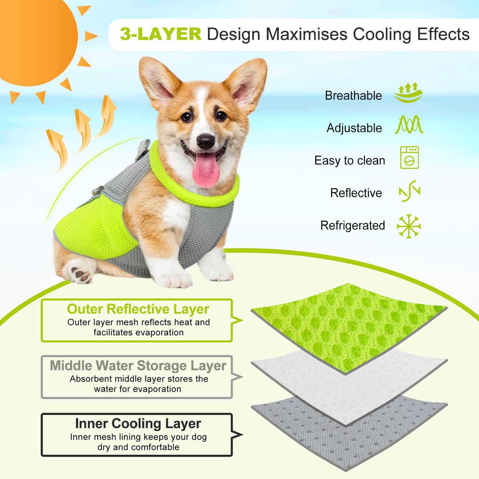 Gilet rafraîchissant pour Chien, Manteau rafraîchissant pour Chien avec Laisse, Manteau rafraîchissant pour Chiens de Petite, Moyenne et Grande Taille, Veste rafraîchissante légère pour chie