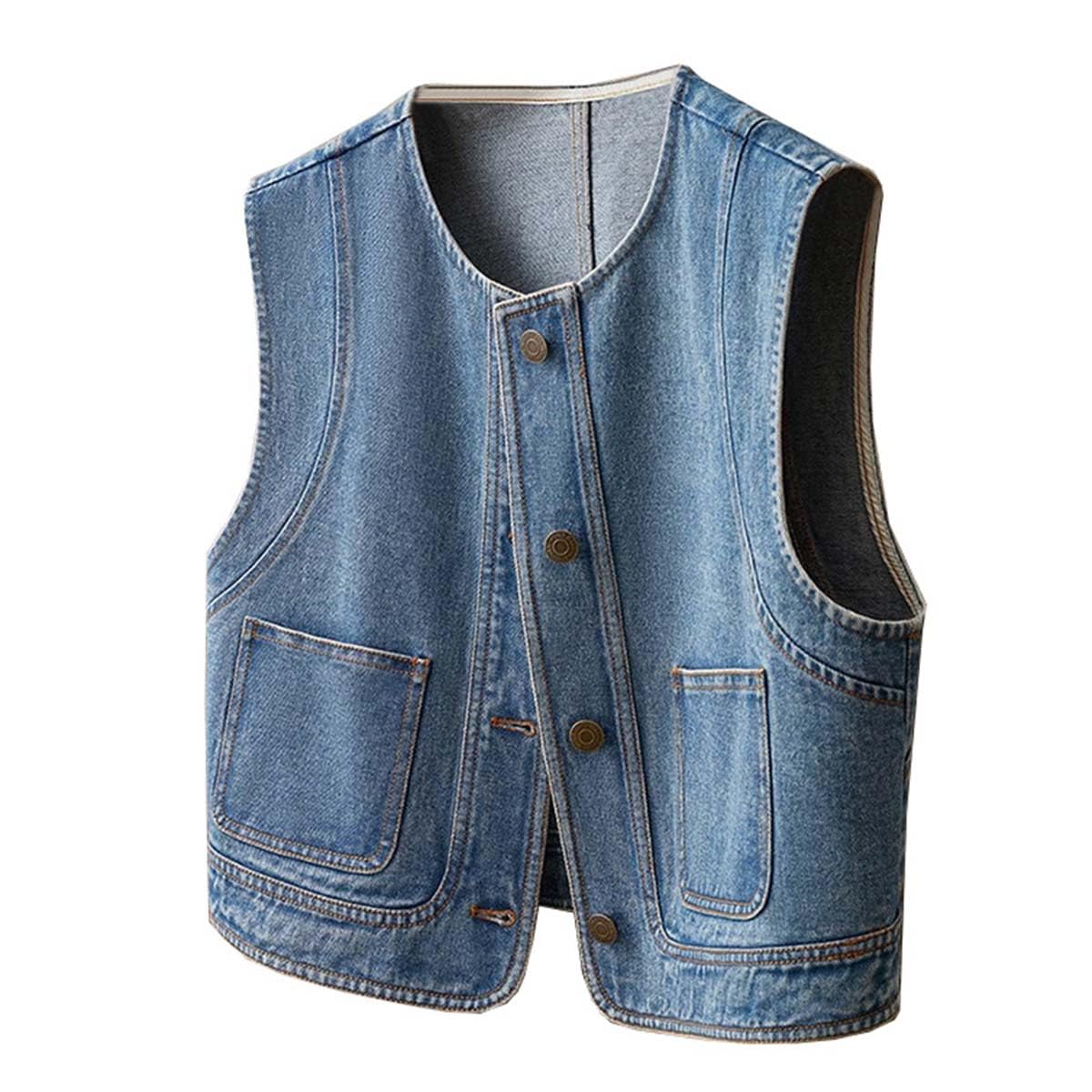 MLAFE Womens Y2K Sleeveless Jean Jacket Oversized Washed Blue Denim Vest Button Front and Pockets Harajuku Casual Waistcoat