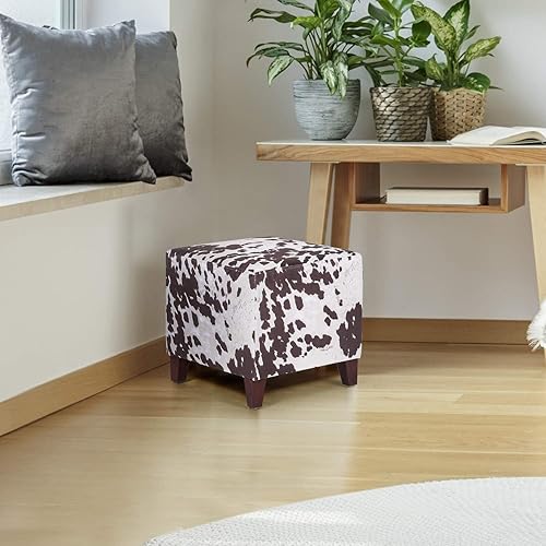 Miniatura 20 de Reposapiés otomano redondo de tela de lino, asiento pequeño con patas de pino para dormitorio, sala de estar (azul) Azul,Redondo, vaca