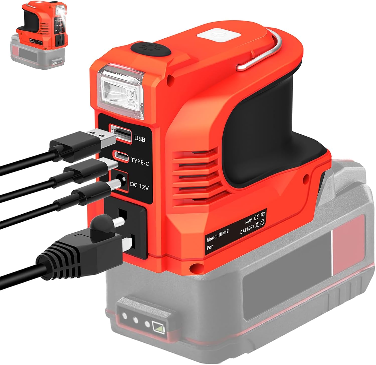 220W Power Inverter for Bauer 20V, DC 24V to AC 110-120V Inverter, 20V Battery Powered Portable Power Source Supply Charger Adapter with USB&Type-C&AC Outlet&LED Light(No Battery)