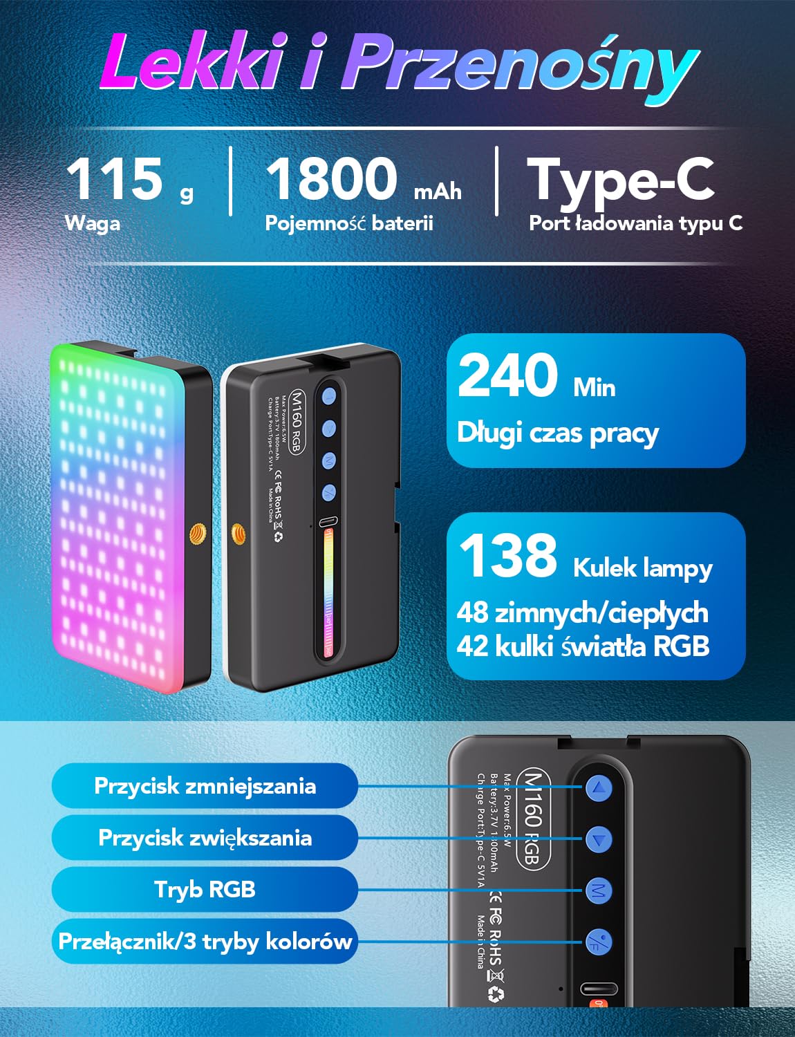 Lampki do Selfie RGB, 138 Światło Kamery LED 360° Pełnokolorowe Przenośne Oświetlenie Fotograficzne z 30 Trybami Scen 10 kolorów, Akumulatorowe Oświetlenie wideo CRI 95, do Telefonu, Aparatu | 360° Pełnokolorowe Przenośne Oświetlenie Fotograficzne Akumula