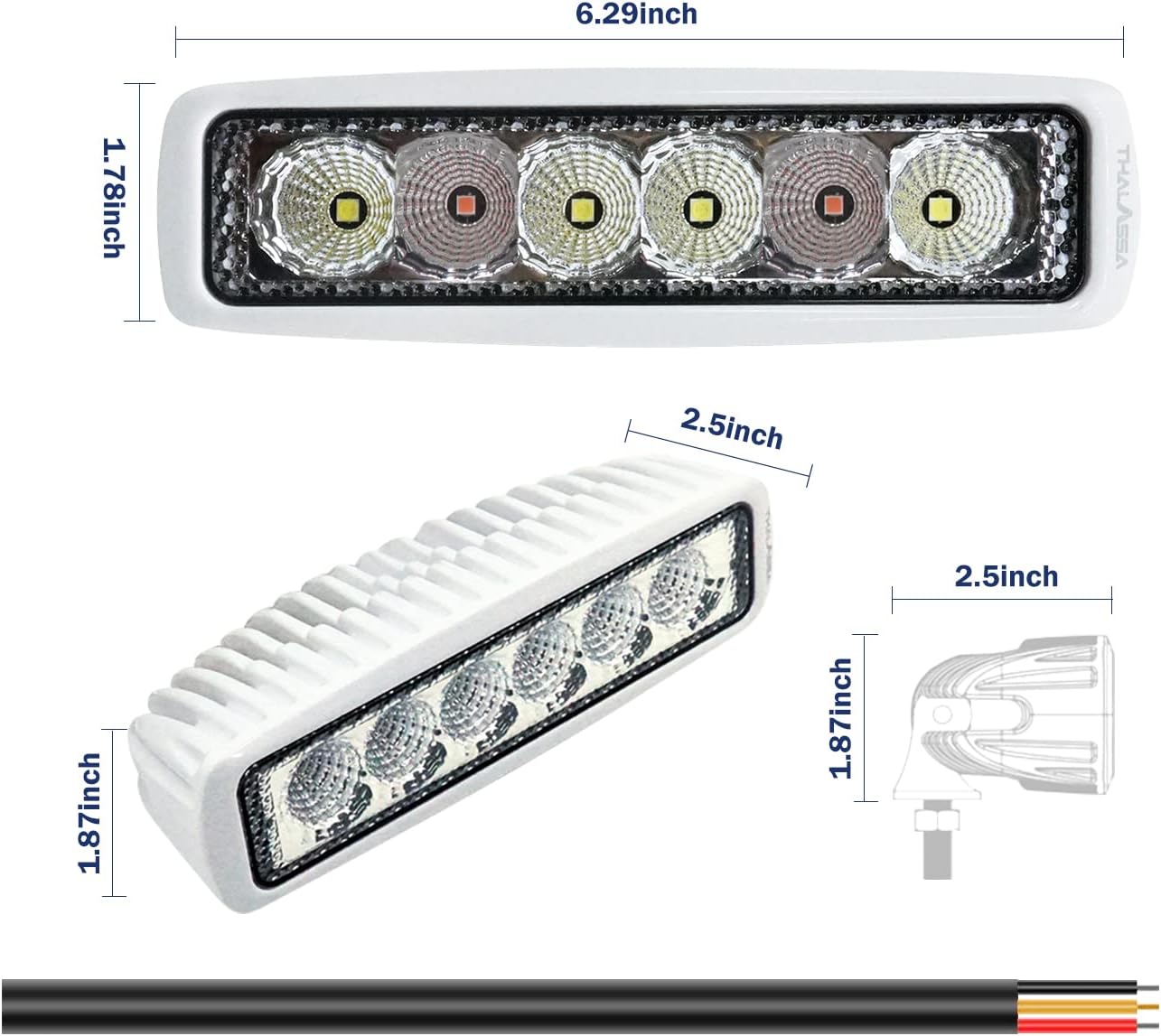 THALASSA 12/24V Dual Color Marine LED Spreader Flood Deck Light for Boat IP67 DC 10-30V with 316L Stainless Steel Bracket, White or Black Housing Waterproof Deck Lights
