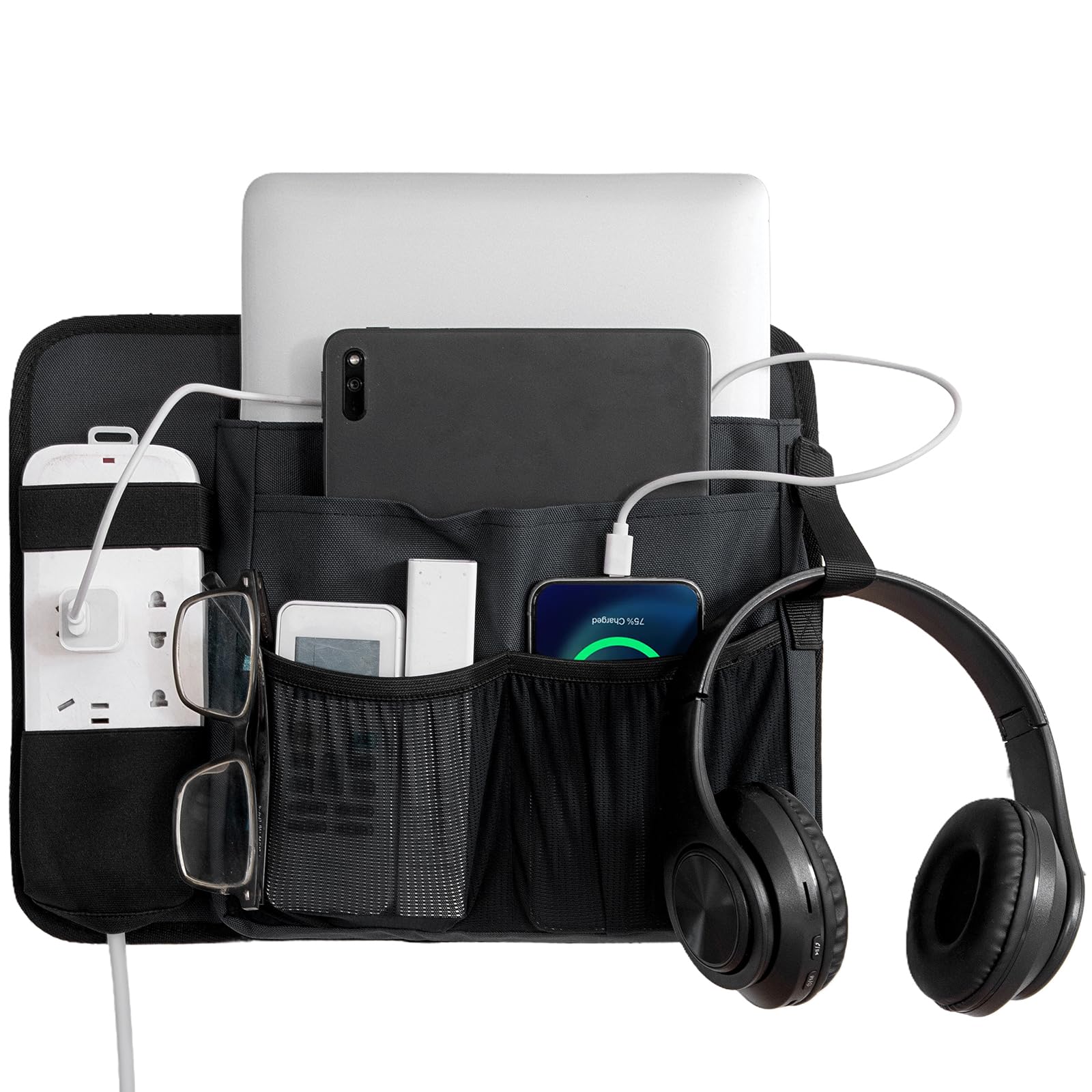 WOMACO Bedside Caddy with Power Strip Pocket, Heavy Duty Bunk Bed Caddy Organizer, Hanging Bed Side Storage Caddy with Powerstrip Holder for Dorm, Hospital, Loft Bed (Black)