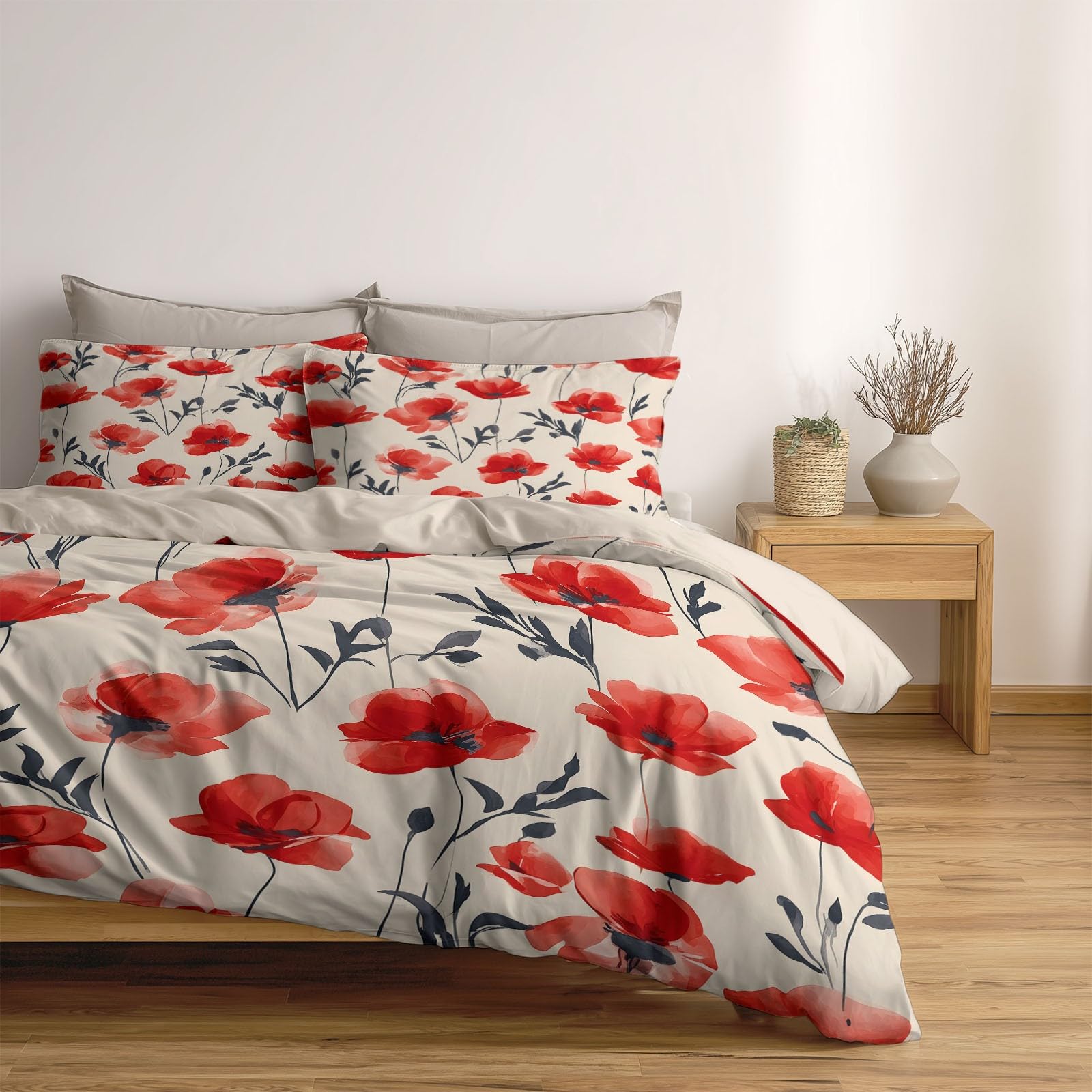 Generisch Nordischer Minimalismus 3-teiliges Bettwäsche-Set, 1 Bettbezug 240 x 220 cm und 2 Kissenbezüge 80 x 80 cm, Beige, Sommer Blumen, Pflegeleicht, Erwachsene, Schlafzimmer