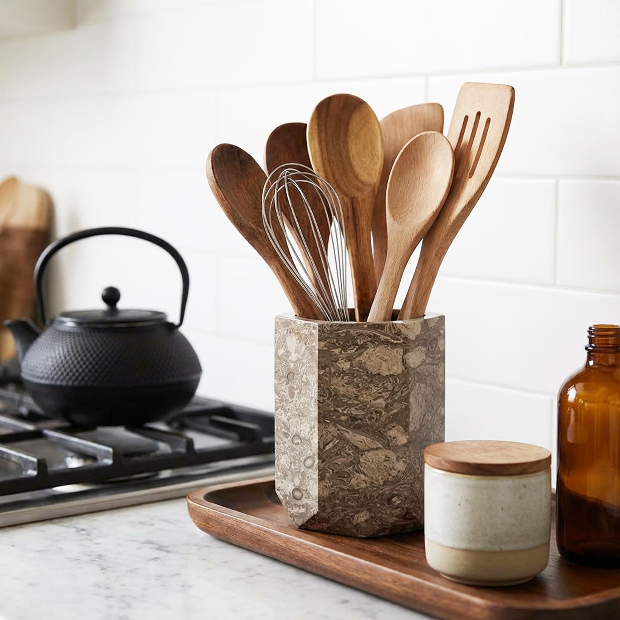 Radicaln Porte-ustensiles en marbre 16,5 cm fait main, ensemble de spatules océaniques pour comptoir de cuisine, idéal pour organiser les ustensiles de cuisine et les essentiels de cuisine, caddy à