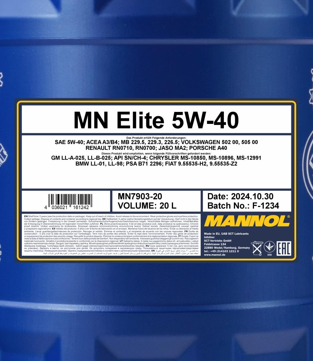 MANNOL Aceite de motor 5W-40 ACEA A3/B4 API SN API CH-4 Elite 20L Compatible con VW Polo V Hatchback 6R1, 6C1 up! Hatchback 121, 122, BL1, BL2, BL3, 123 Golf 7 Hatchback 5G1, BQ1, BE1, BE2, PEUGEOT