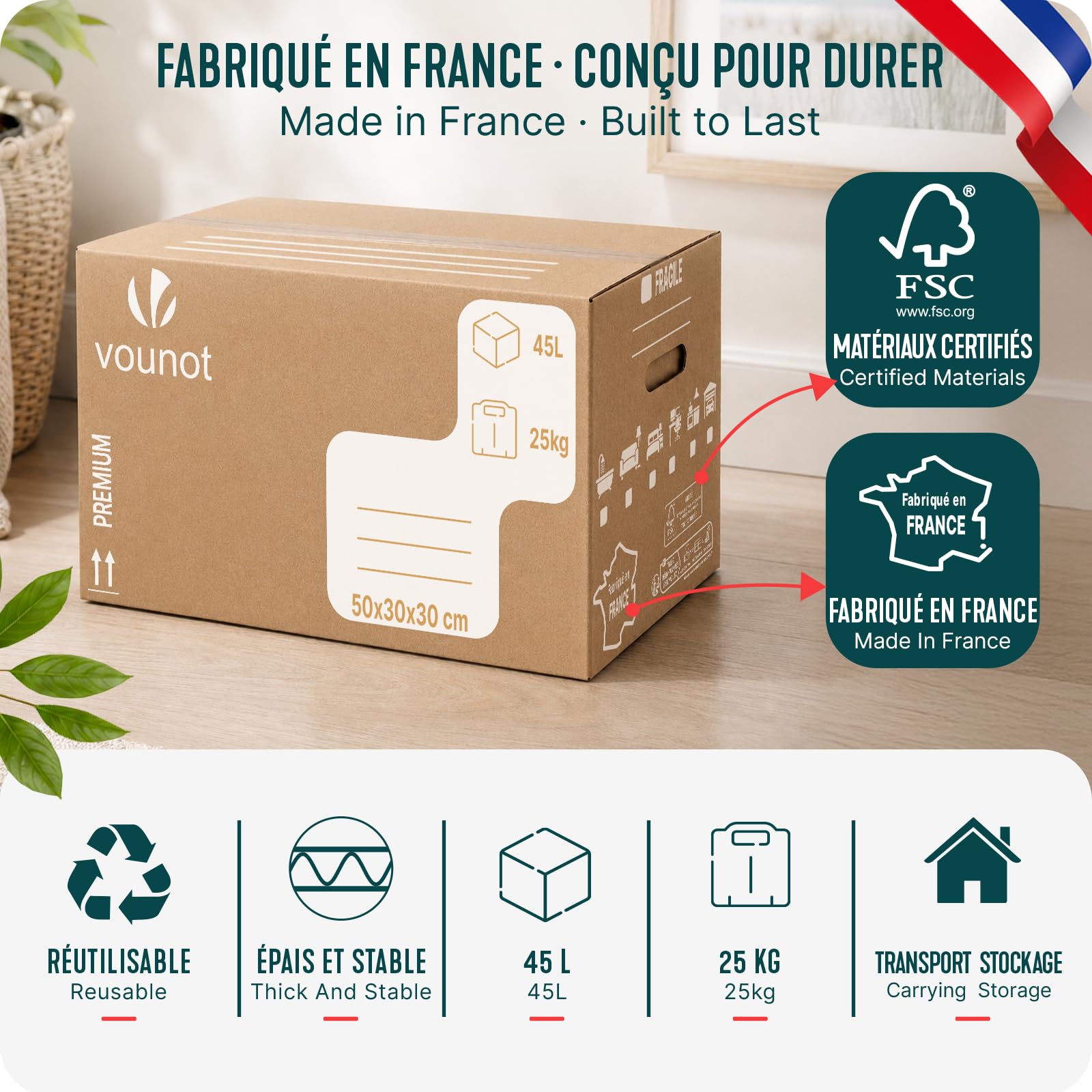 VOUNOT® Lot de 20 Cartons de Déménagement 50 x 30 x 30 cm Fabriqué en France Cartons de Rangement Renforcés 25 kg Poignées Renforcées Réutilisables 45L pour Stockage Livres Vêtements Transport