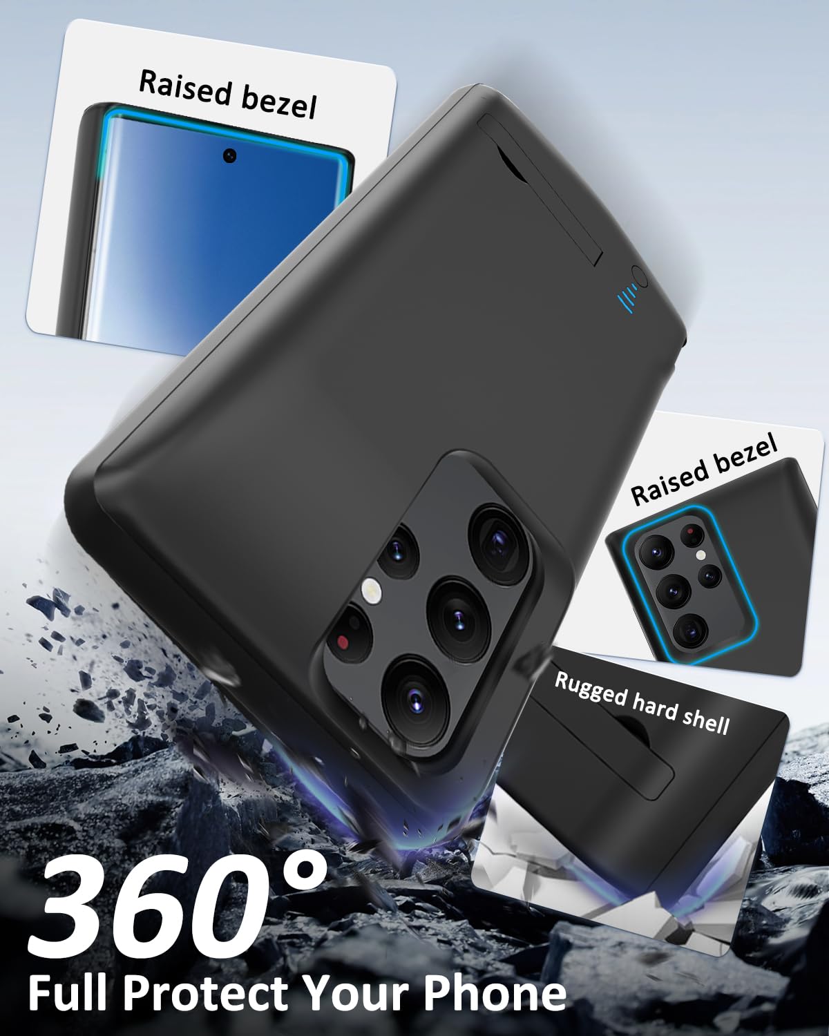 Funda de batería para Samsung Galaxy S22 Ultra, 5000 mAh, cargador rápido portátil, batería externa recargable inteligente para Galaxy S22 Ultra, color negro