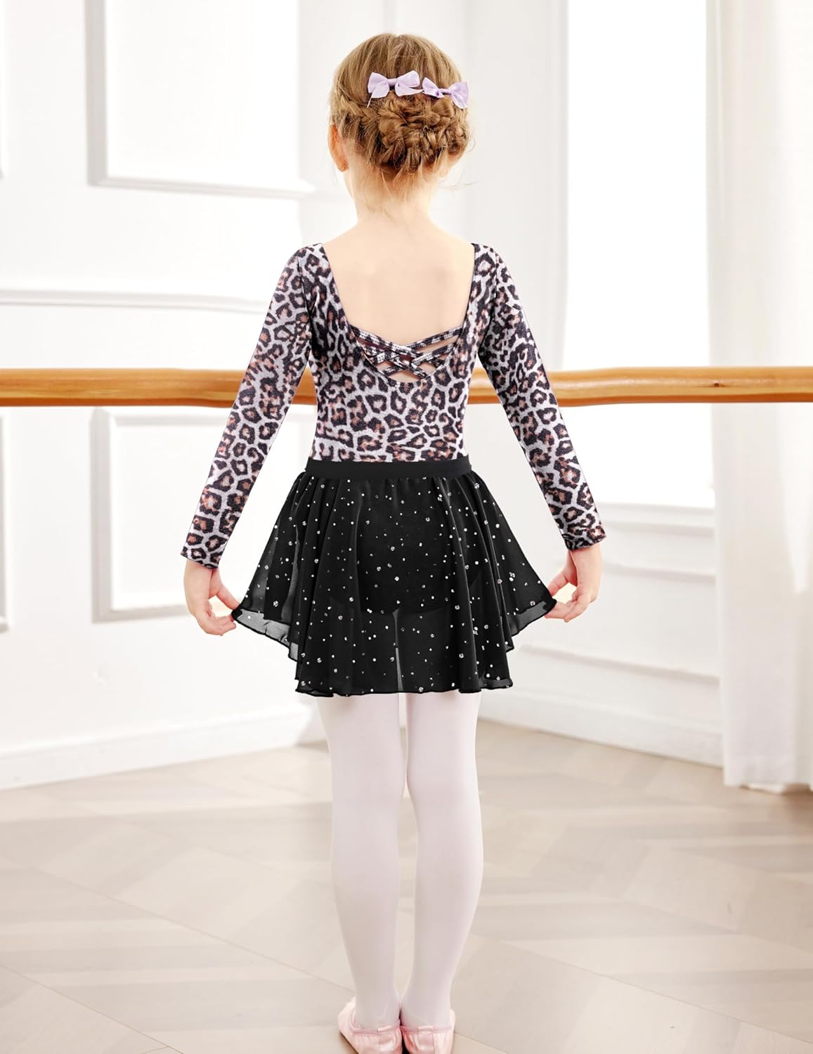 Arshiner Girls Ballet Leotards with Chiffon Dance Skirt Long Sleeve Crisscross Back Toddler Dance Outfit Combo - Image 7