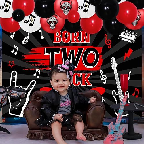 Miniatura 10 de 77 piezas de decoraciones de cumpleaños Born Two Rock para niñas, suministros de fiesta de segundo cumpleaños de Rock and Roll con telón de fondo de