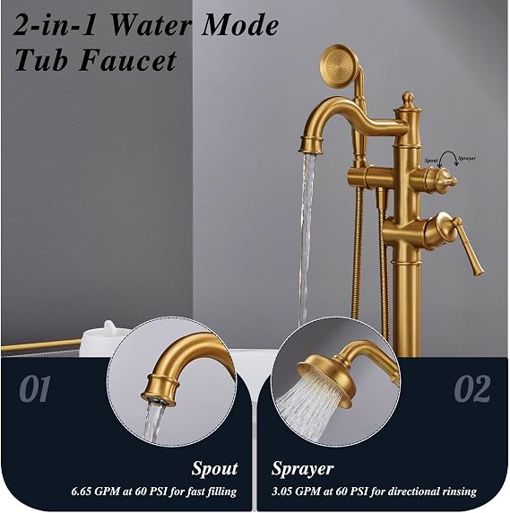 Freestanding Bathtub Faucet Gold Floor Mount Brass Tub Filler with Hand Shower (1005BG QC1)
