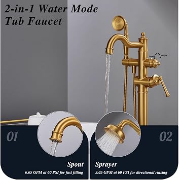 Freestanding Bathtub Faucet Gold Floor Mount Brass Tub Filler with Hand Shower (1005BG QC1)