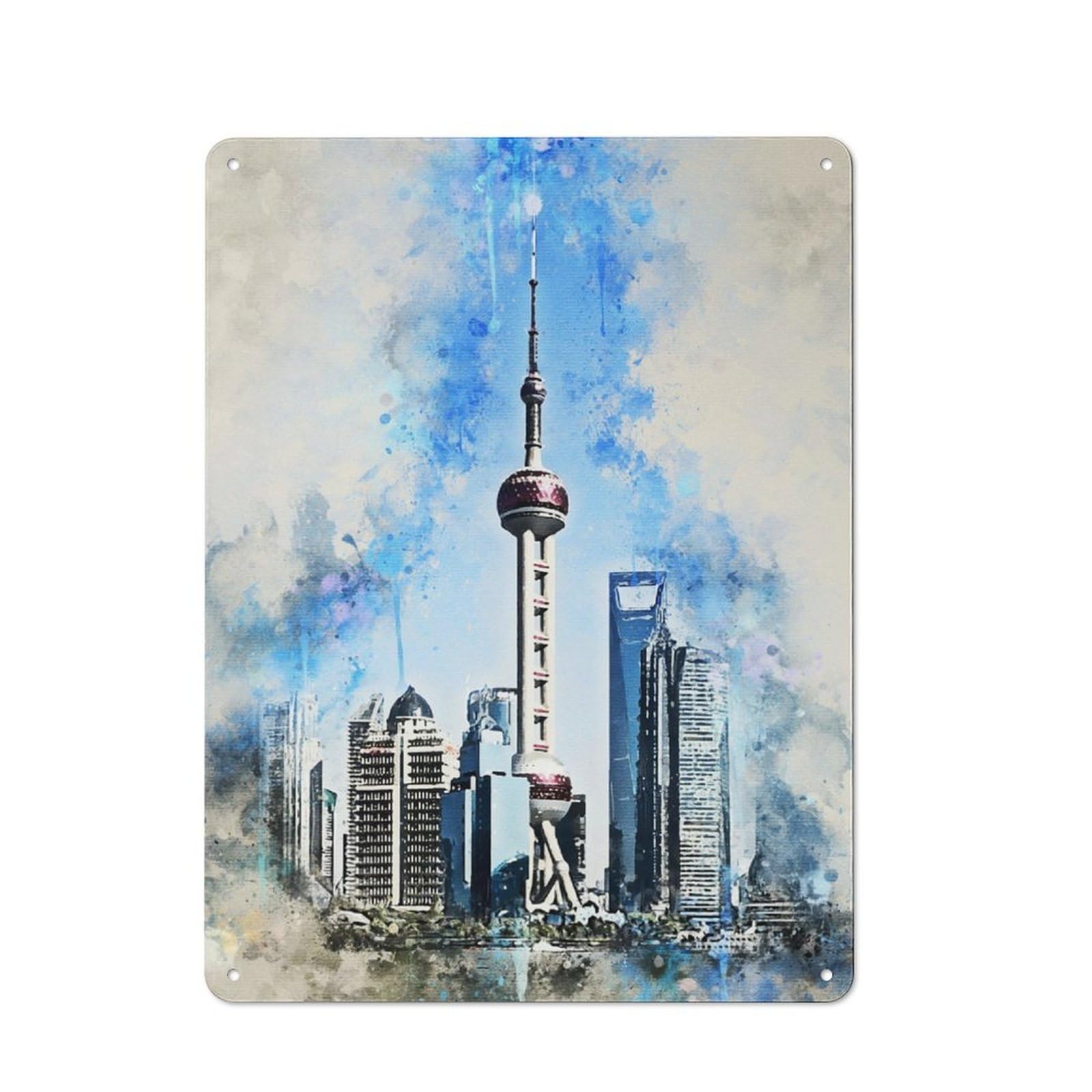 Junmoney Shanghai In Watercolor Rustic Metal Sign 40X30cm Featuring For Garage Wall, Suited To Garage Decor Collectors