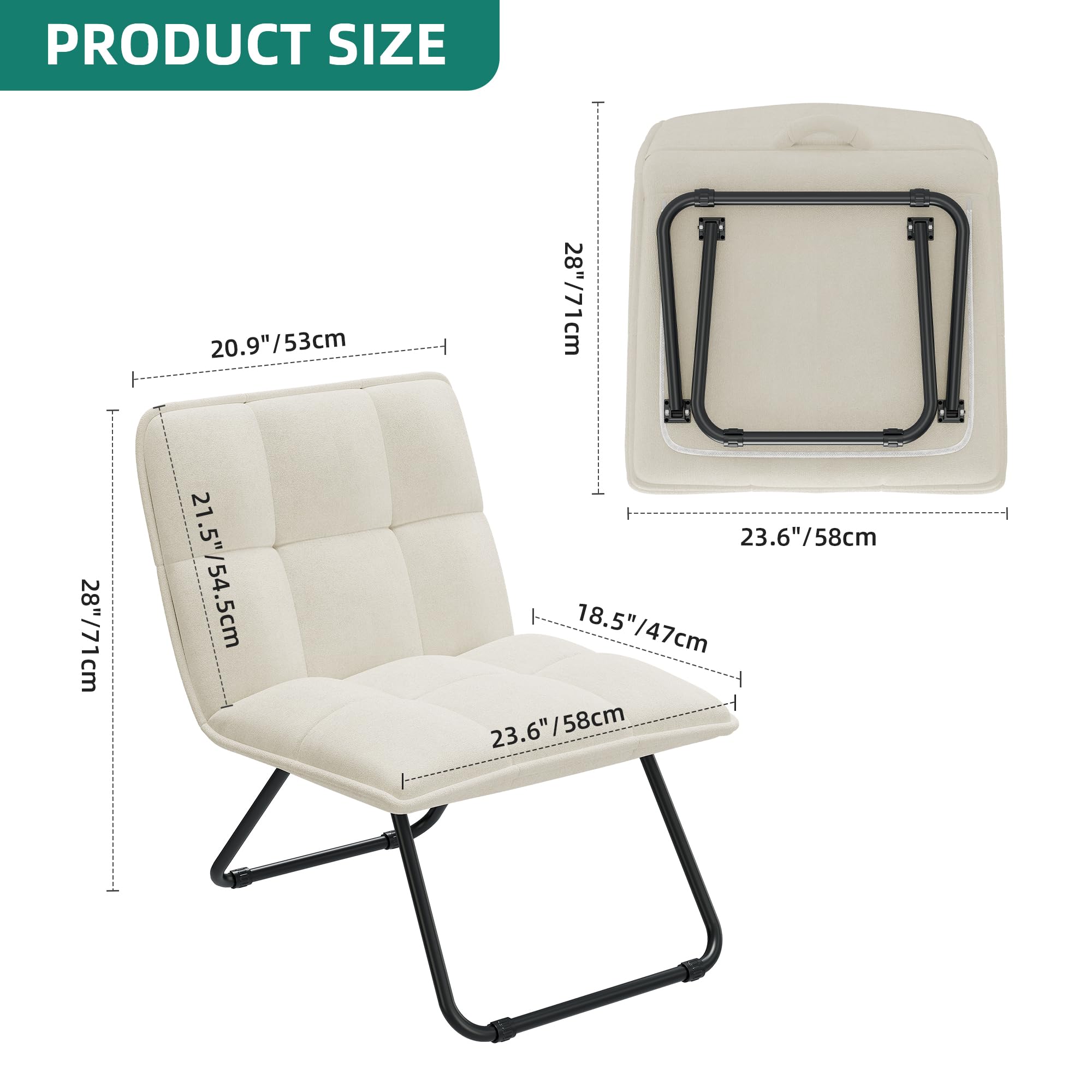 YITAHOME Butacas de Salon,Silla Tocador Plegable, Sillon Lectura Asiento Acolchado con Marco de Metal, Sillones para el Salón Ligero y Portátil para Sala, Dormitorio, Oficina,Blanco