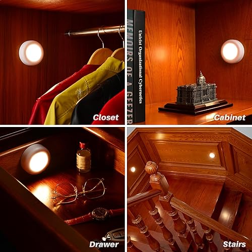 Miniatura 7 de STAR-SPANGLED Paquete de 3 luces con sensor de movimiento de 3.1 pulgadas para interiores, funciona con pilas AA, luz LED de disco para armario,