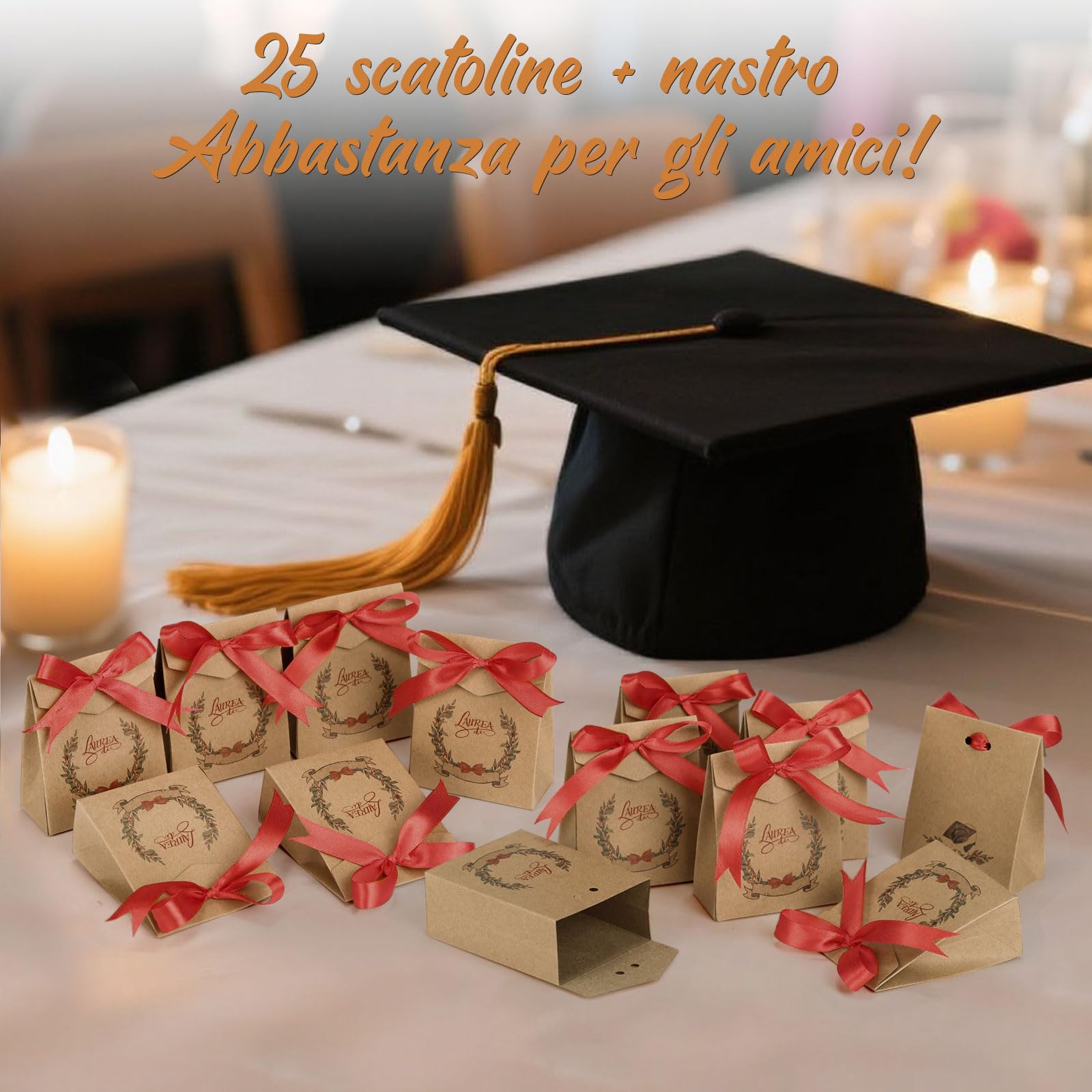 LEMESO Bomboniere Laurea 25pz, Scatoline Portaconfetti Laurea con Nastro Rosso, Motivi Originali da Scrivere Nome e Data, Scatoline Regalo 10x8x4cm