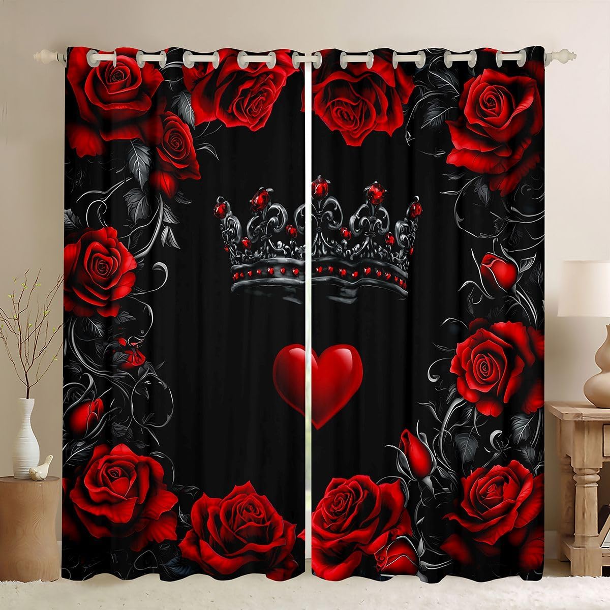Castle Fairy Black Crown Window Drapes for Girls Boys Red Heart Rose Blackout Curtains Gothic Romantic Floral Window Curtains Living Room Bedroom Decor Luxury Retro Style 2 Panel Sets,52Wx63L inch
