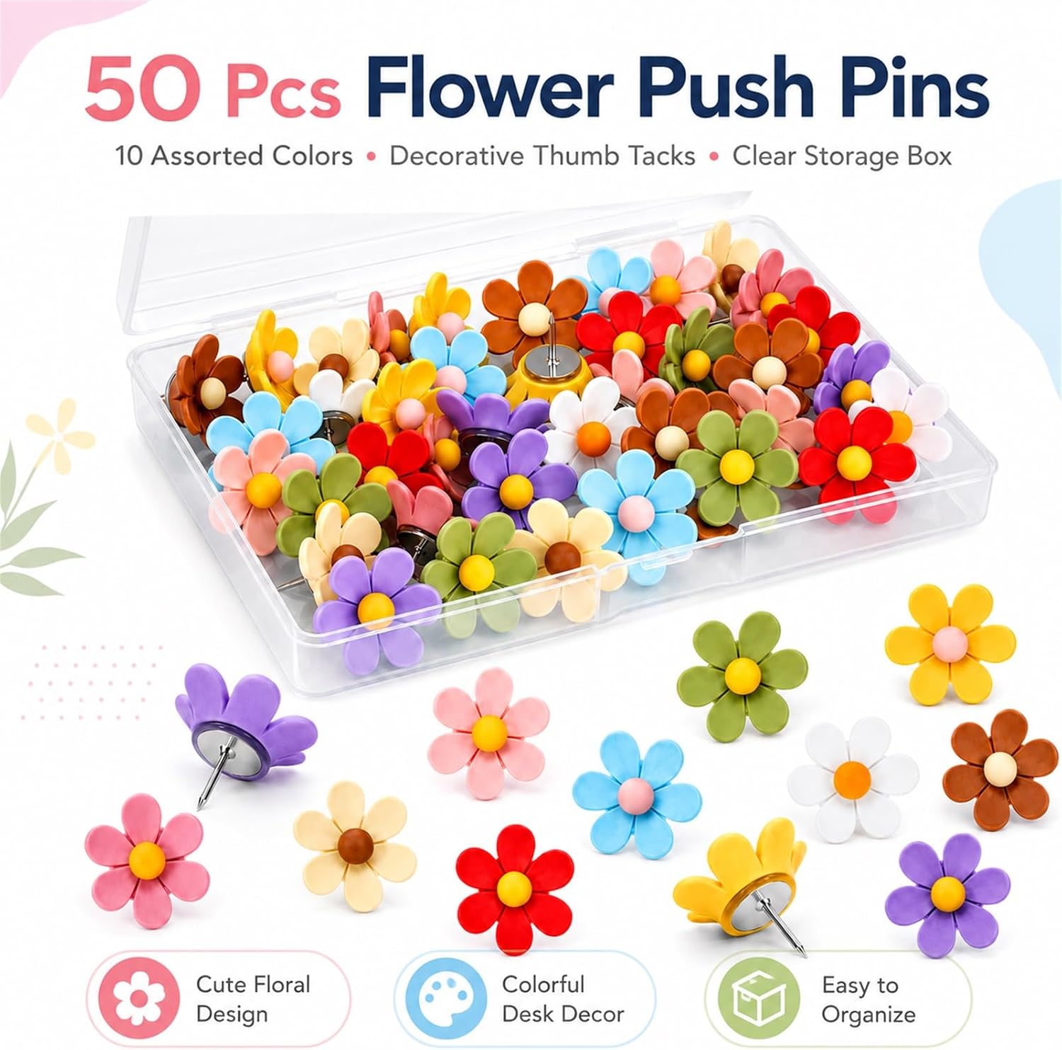 Flower Push Pins, 50 Pcs Decorative Thumb Tacks with Storage Box, 10 Colors image 2