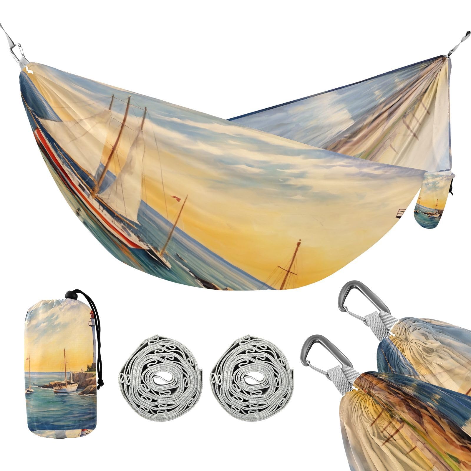 Haskirky Lighthouse Camping Hammock, Single Portable Hammocks with Tree Straps & Attached Carry Bag, 330Lbs Capacity Perfect for Outside Indoor Hiking Beach Backpack Travel