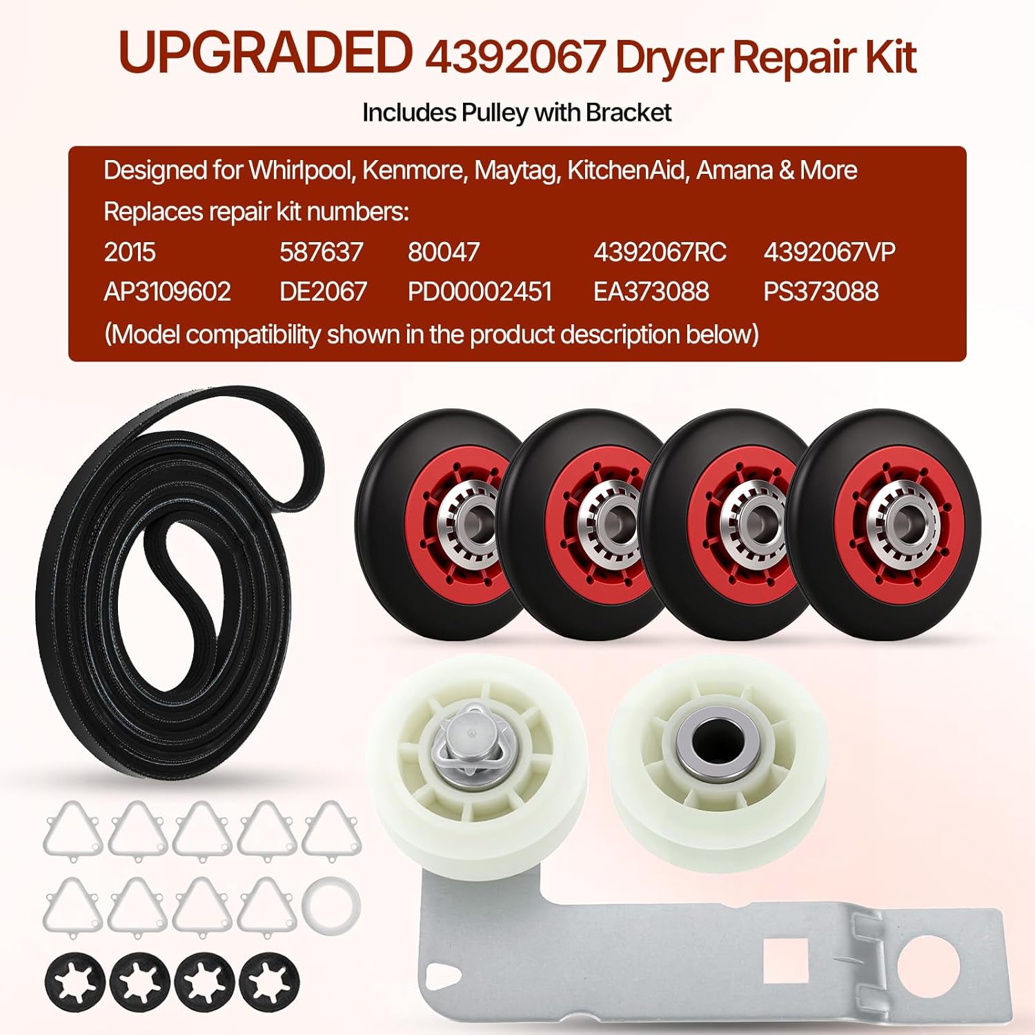 UPGRADED 4392067 Dryer Repair Kit with W10837240 Idler Pulley WPW10314173 Drum Rollers 661570V Belt Fits Maytag Whirlpool Kenmore Dryers MEDC215EW1 MGD7230HW1 WED8127LC0 WGD75HEFW0 WGD9400SW2 & More