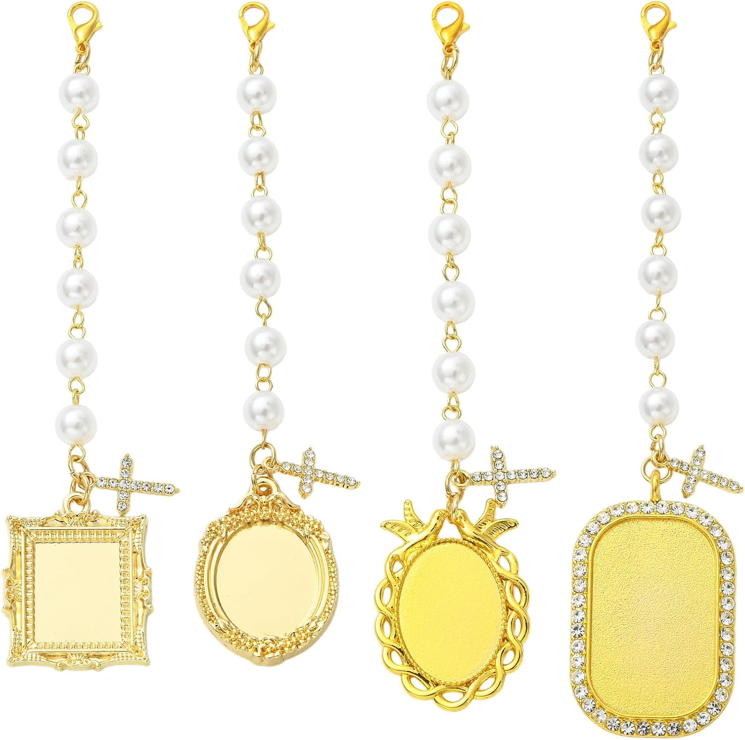 LiQunSweet 4 Pcs Photo Frame Charms, Blank Bezel Memory Charm, with Imitated Pearl, Golden Alloy ABS Plastic, Lobster Claw Clip on Clasps, for Graduation Ceremony Wedding Bouquet Hanging Decor