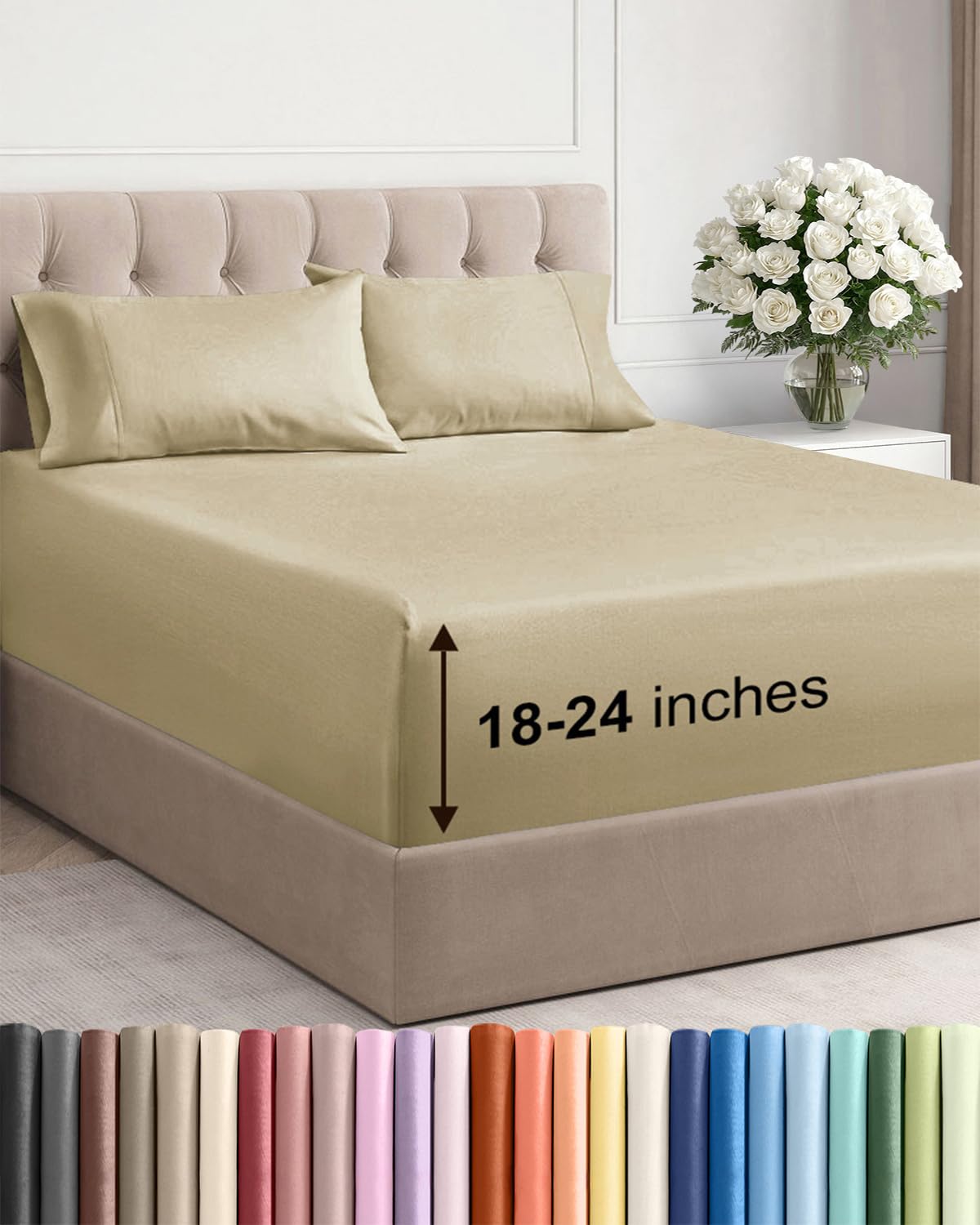 Extra Deep Twin Sheet Set - 4 Piece Breathable and Cooling Sheets - Beige โ image 1