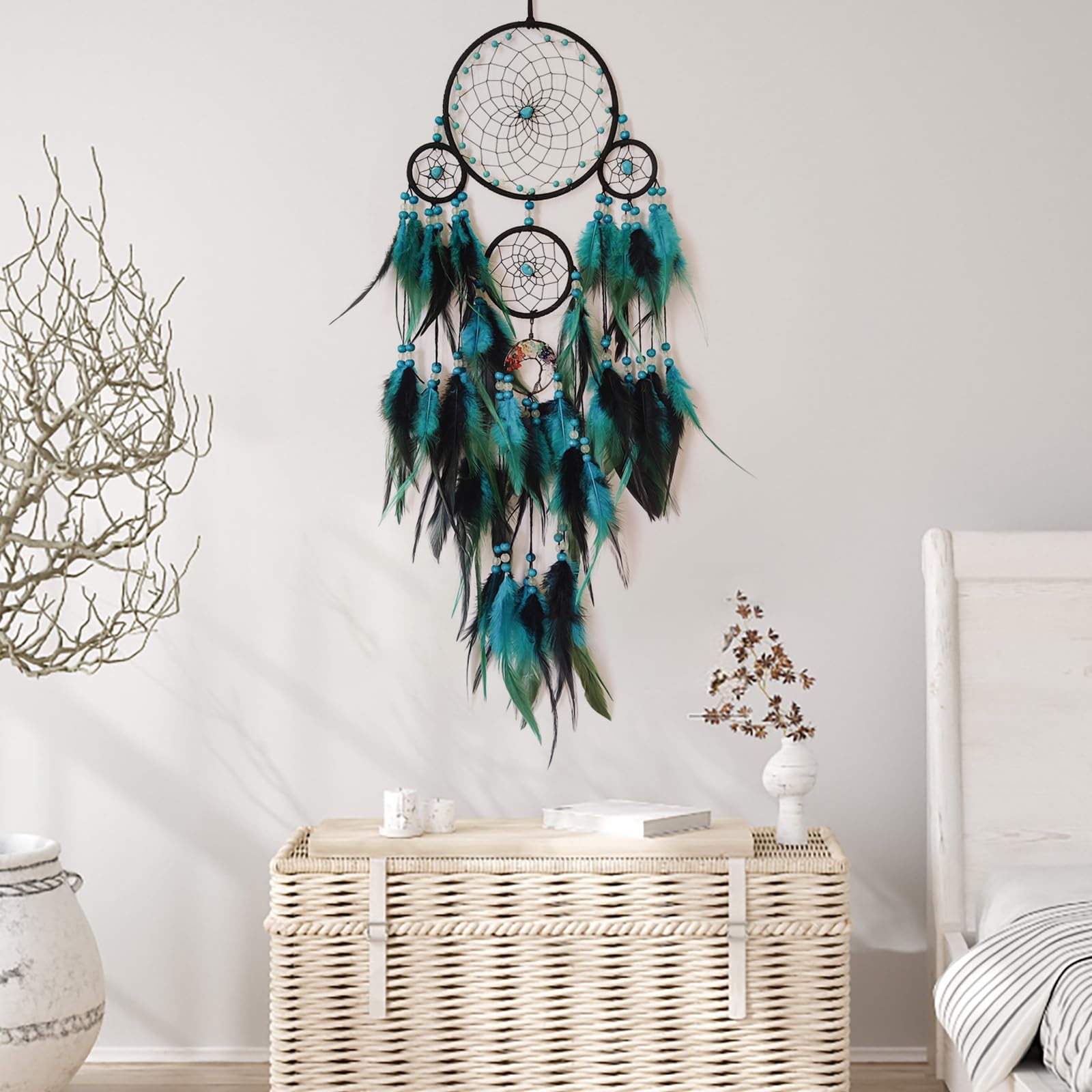 Donko Traumfänger, große Traumfänger zum Aufhängen an der Wand, blau-schwarze Feder-Traumfänger für Schlafzimmer, Erwachsene, Kinder, Jungen, Wandkunst, Ornament, Bastelgeschenke