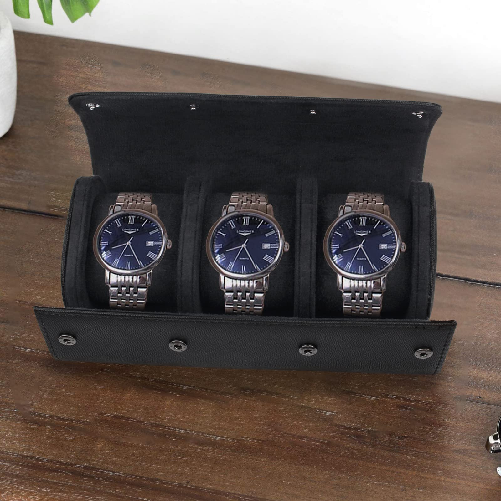 Uhrenrolle Uhrenbox 3 Uhren Schwarz, PU Leder Tragbare Zylindrische Uhren-Aufbewahrungsbox mit Samt-Innenfutter, Uhrengehäuse für Männer und Frauen, 23x10x7.5 CM