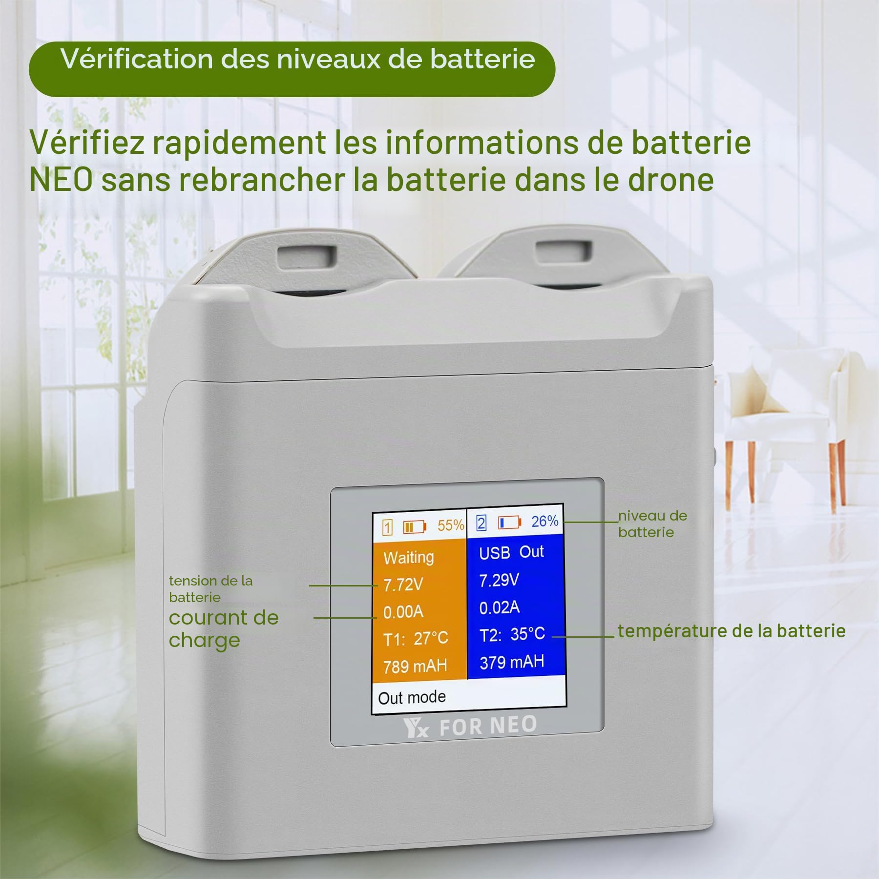 LCD multifonction double chargeur de batterie avec charge de stockage pour drone DJI Neo, hub de charge bidirectionnel, charge rapide 2 batteries accessoires