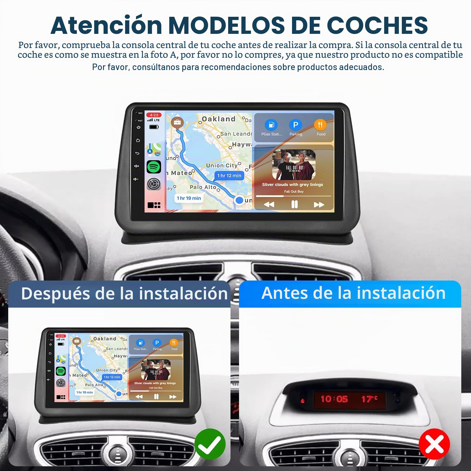 Hodozzy 6GB+128GB 8-Core Android Radio para Renault Clio 3th 2005-2014 con Carplay Android Auto Inalámbrico, 2 DIN Pantalla Táctil 9 Pulgadas Radio Coche con Bluetooth GPS WiFi DSP FM/RDS Cámara