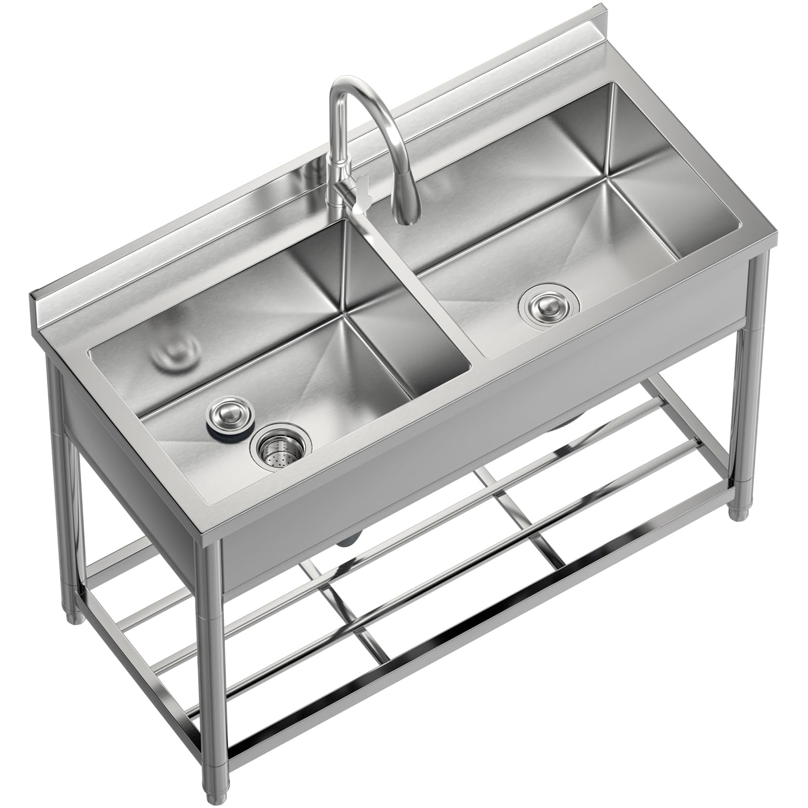 Lavello Indipendente in Acciaio Inox 2 Vasche, Lavandino Industriale con Rubinetto, Lavandino da Esterno, Lavello Professionale per Cucina, Garage, Lavanderia, Ristorante, 55P x 120L x 94H cm