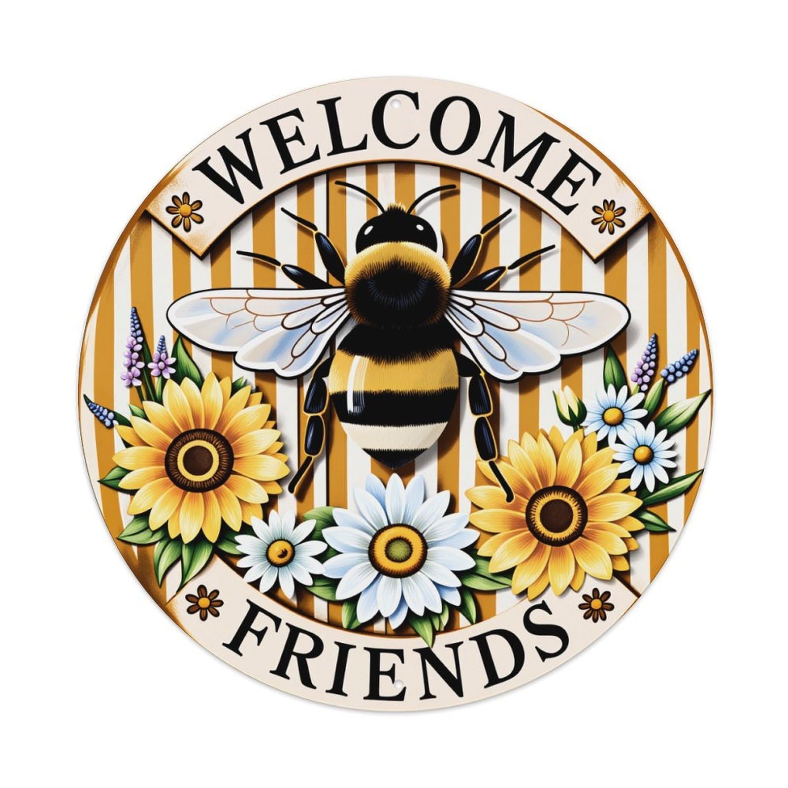 Bee And Flowers Welcome Friends Round Tin Sign Vintage Metal Poster Retro Bar, Home, Man Cave, Kitchen, Laundry Room Wall Art Decor Gift 8x8Inch
