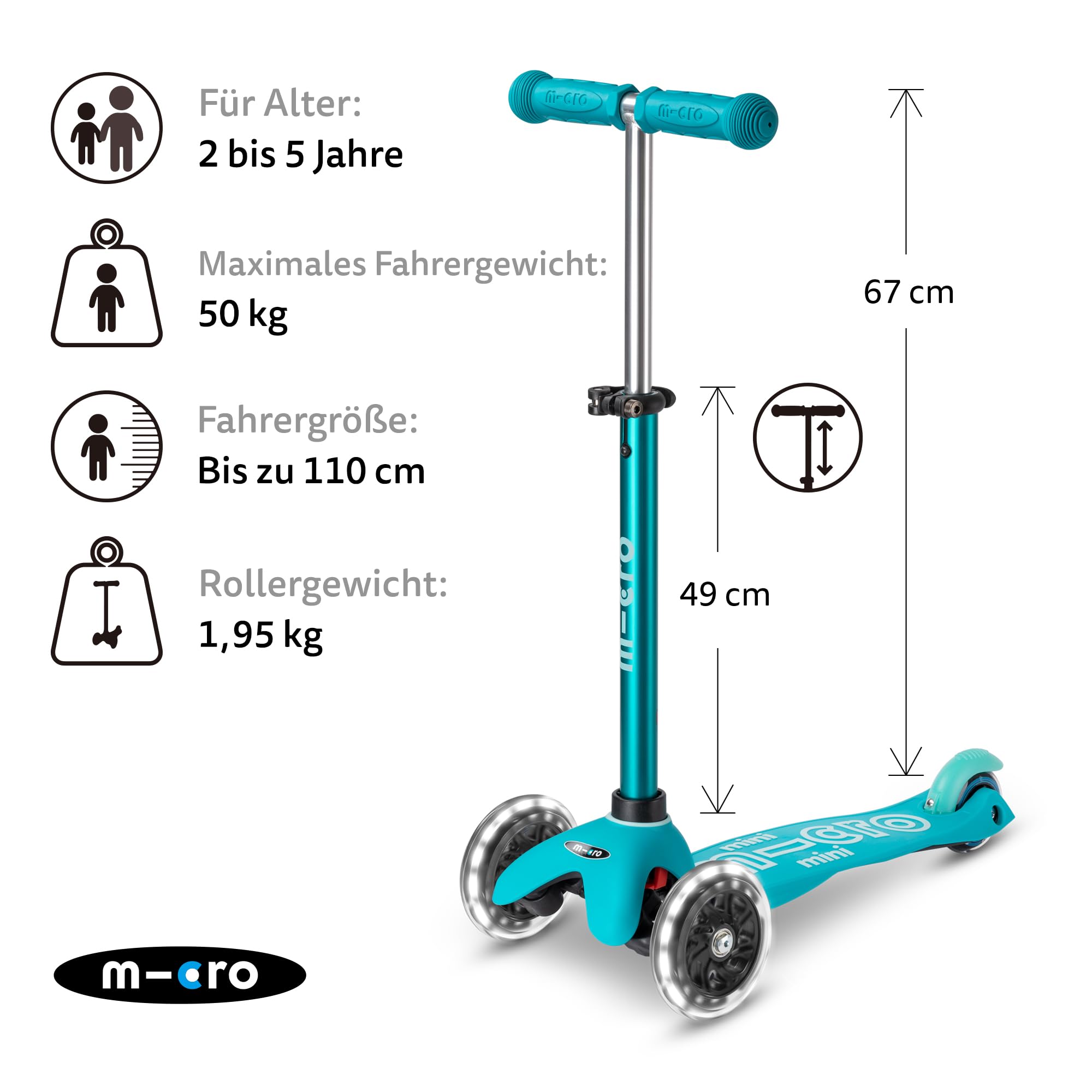 Micro™ Mini Deluxe LED | Kickboard mit LED-Vorderrollen | Lenken durch Gewichtsverlagerung| mitwachsender Lenker höhenverstellbar | ab 2 J. | Kickboard in 7 Farben erhältlich