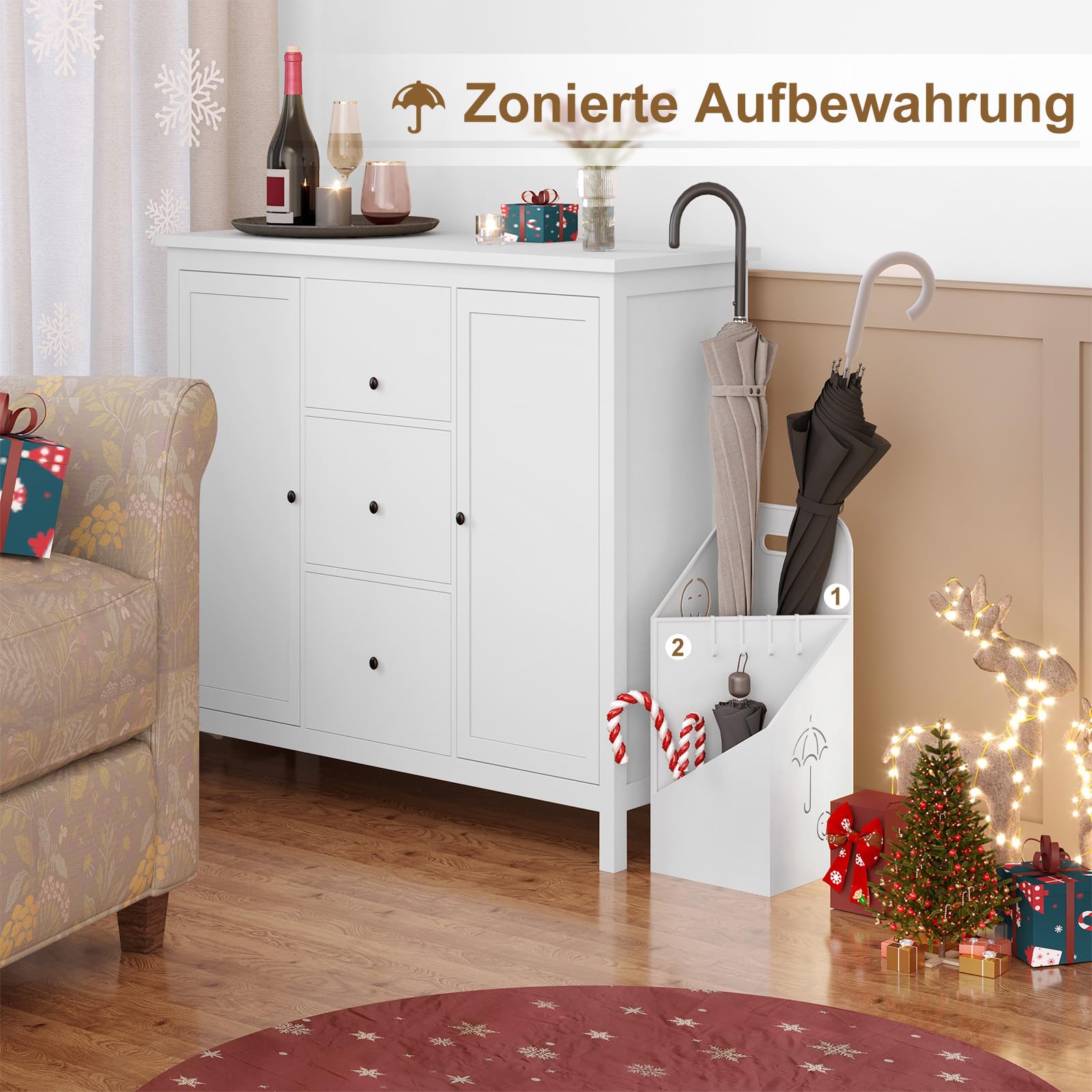 WOLTU Regenschirmständer 2 Slots, Schirmständer Regenschirm, Regenschirmhalter mit Griff, 4 Haken, für Eingangsbereich, 20x49x20 cm, aus Metall, Weiß, SST14ws