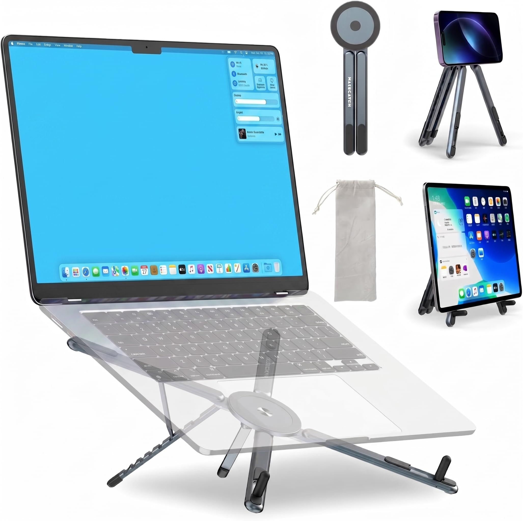 Finalize Aluminium Alloy Folding and Height Adjustable Stand Compatible with Laptop, Mobile and iPad, with Magnetic Feature for iPhone, Titanium Grey, Anodized Finish (New Laptop Stand)