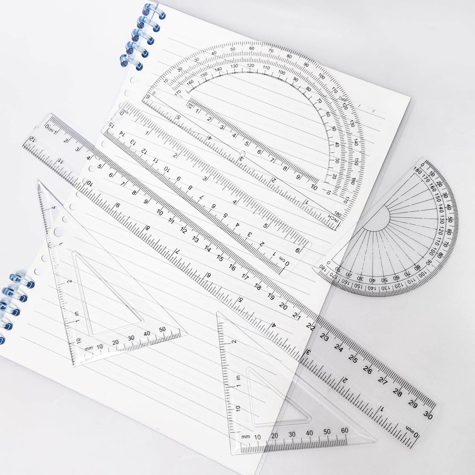 6-częściowy zestaw geometrii – przezroczyste kątomierze (standardowe i duże), linijki 12″/6″, 2 trójkątne linijki do szkoły, biura, inżynierii i rysowania artystycznego