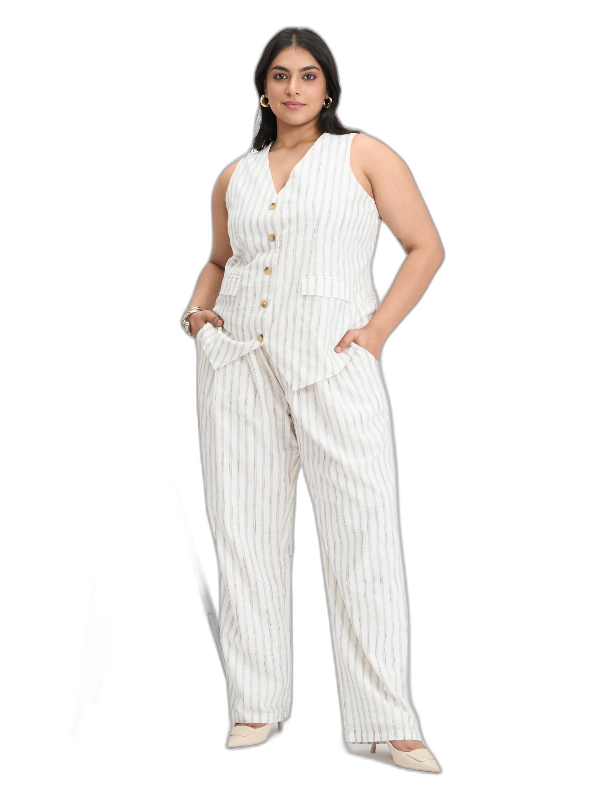beyond the curve - virgio Virgio Beyond the Curve 100% Cotton Striped Formal Co-Ord Set for Women, Top and Bottom Set, Breathable Fabric, Office Wear, Smart Casual Daywear Outfit-picture-35