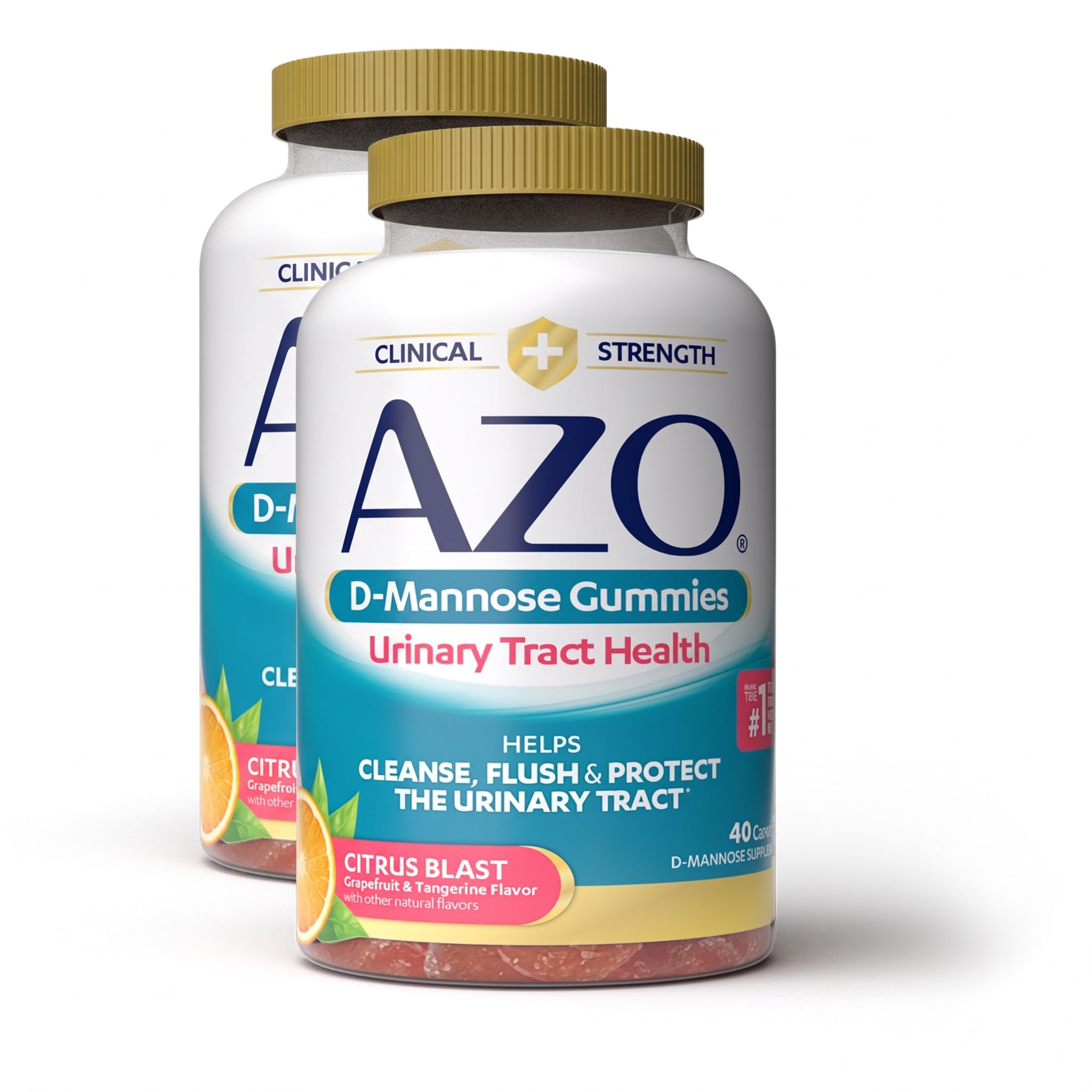 AZO D Mannose Urinary Tract Health Gummies, 40 Count, Clinical Strength 2000mg, Helps Cleanse, Flush &amp; Protect, No.1 Pharmacist Recommended Brand, Vegan Tangy Citrus Blast Flavor, Non-GMO, Gluten Free
