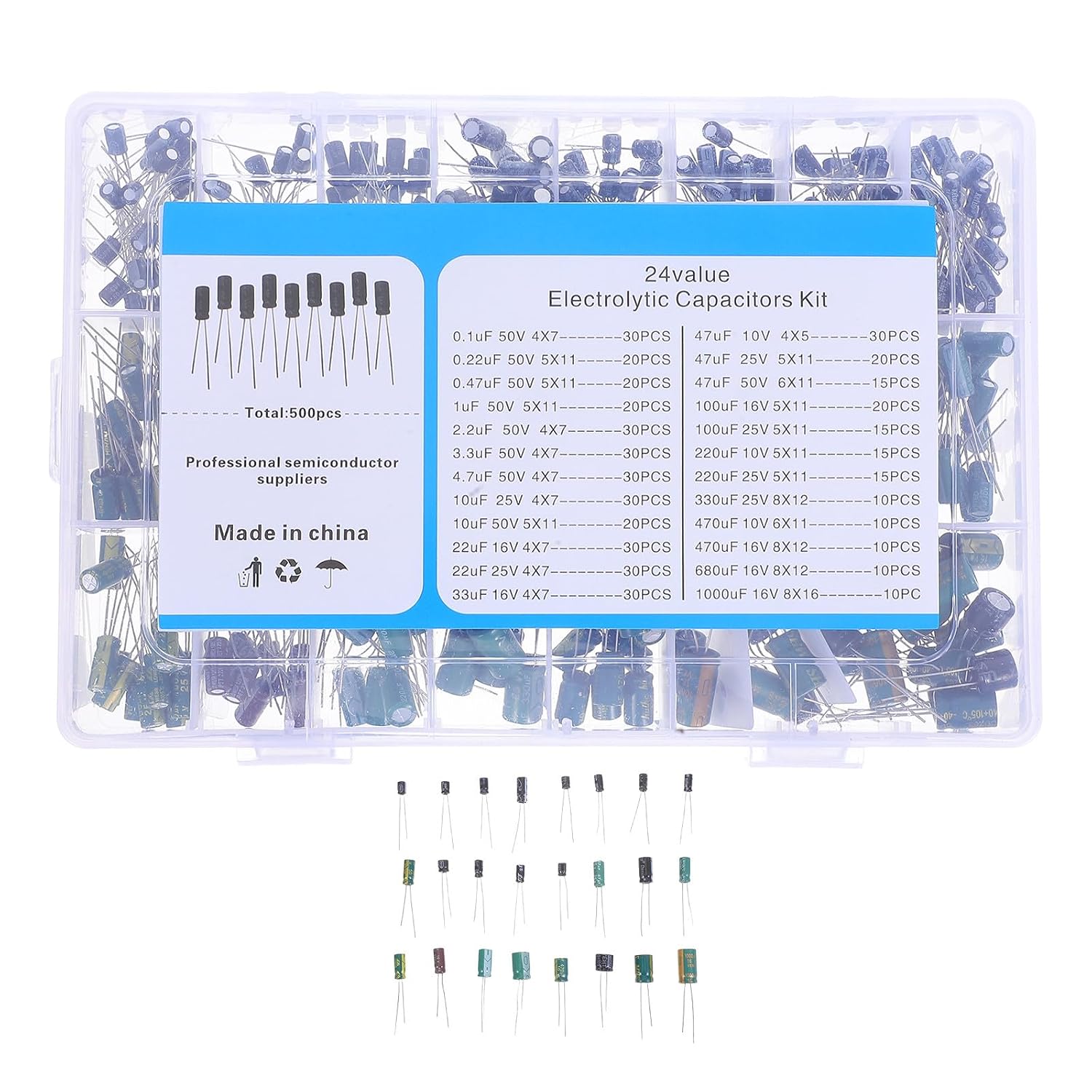Assorted Electrolytic Capacitors Kit 500pcs for DIY Electronics Repair