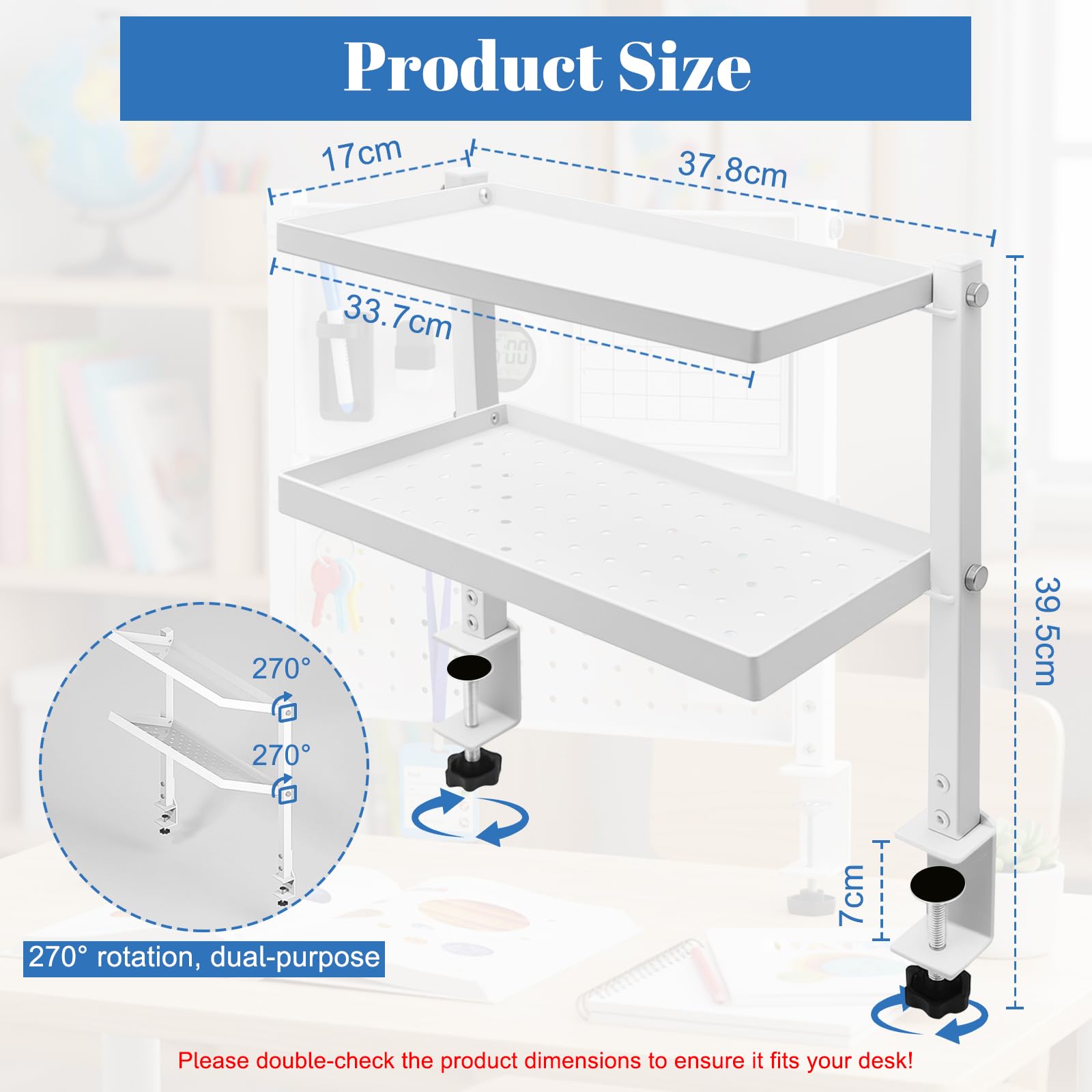 Klemmregal Schreibtisch Organizer mit 2 Ebenen, Schreibtischregal mit Lochwand & Lagerregal aus Kohlenstoffstahl, Schreibtisch Aufsatzregal Weiß für Bücherregal, Küchen Organizer, Kaffeeregal