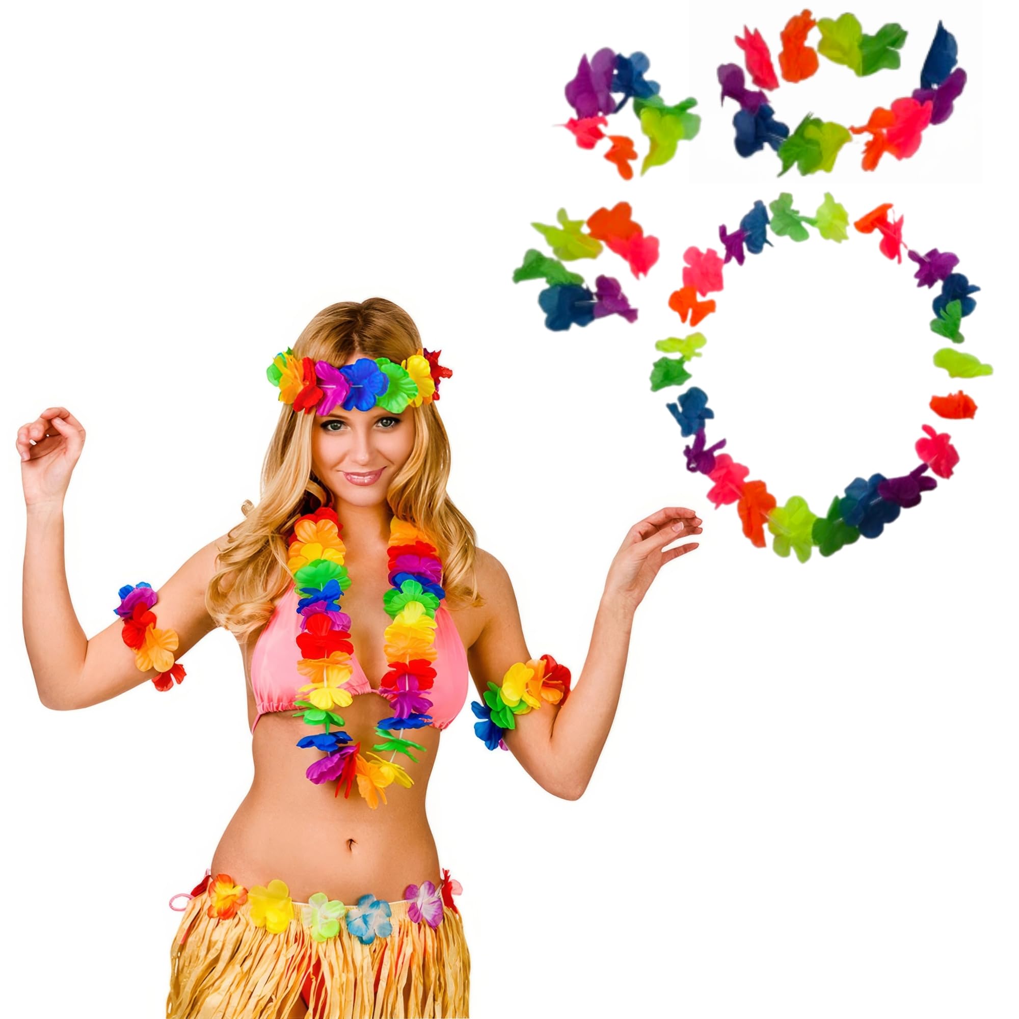 FUN FABLES 4 Pcs Multicolor Hawaiian Fancy Dress Accessory Set – Multi Floral Garland Necklace, Headband & Wristbands – Luau Aloha Party Supplies for Beach, Pool & Summer Theme Costume (6)