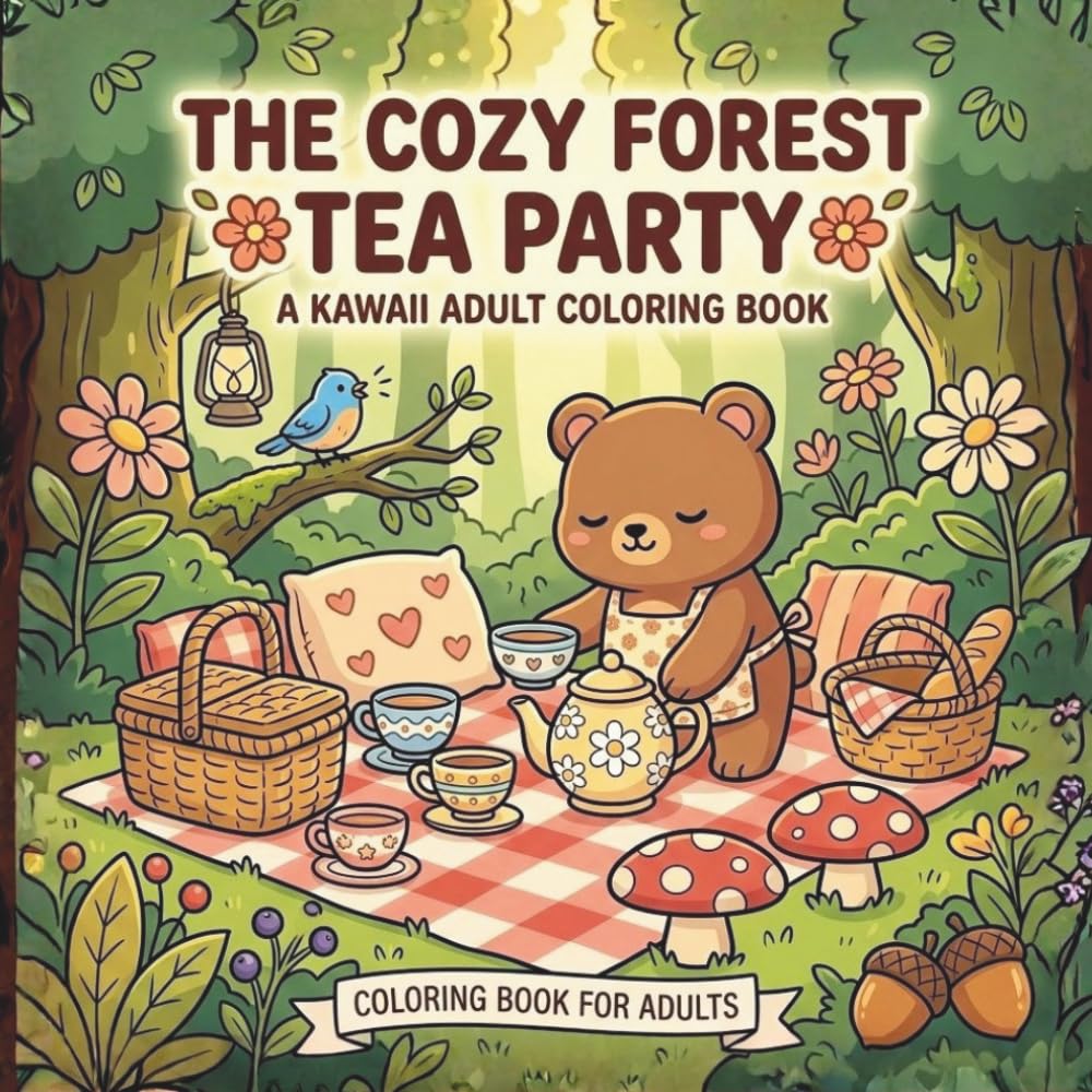 The Cozy Forest Tea Party: An Easy Adult Coloring Book for stress Relief and Mindfulness with Large Print Kawaii Illustrations