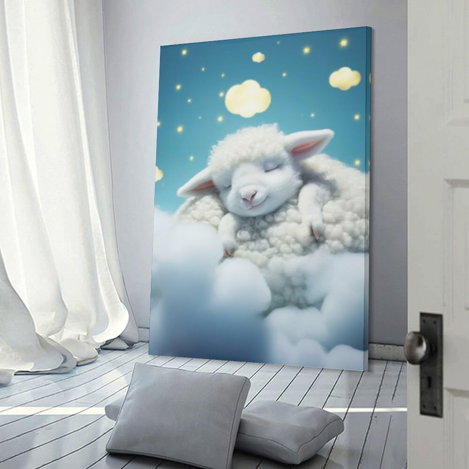 Junmoney Sleeping Lamb on Clouds Wall Art Print 24x36inch(60x90cm), for Hallway, Entryway Or Landing, Wall Decor to Refresh Empty Corners, for Cosy Room Updates