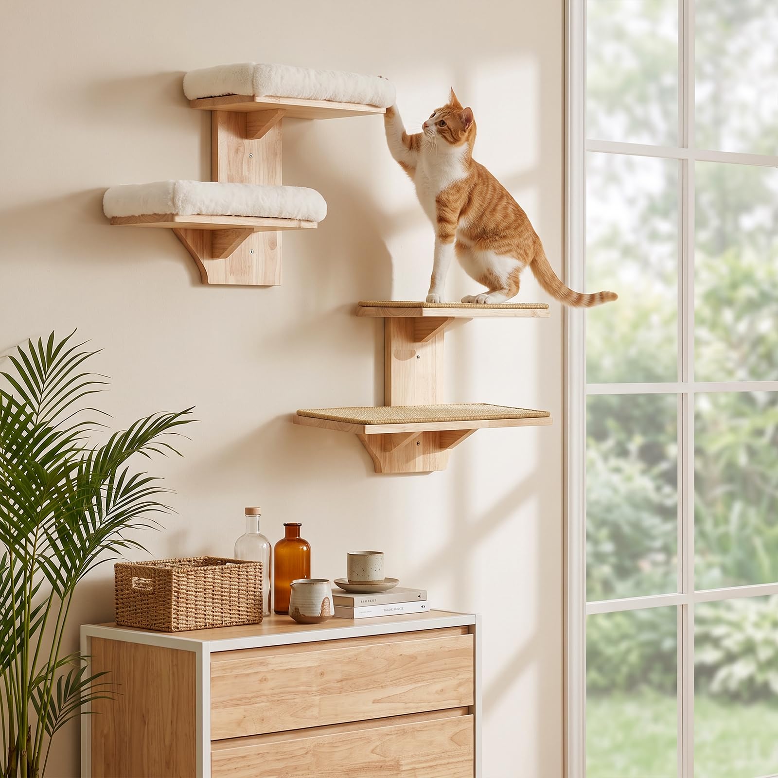 Kletterwand Katze, 40,6 cm Wandmontiertes Katzen, Kleiner Katzenbaum, Doppellagig Plattform-Katzen-Wandmöbel aus Massives Gummiholz,Wandregale zum Klettern, Spielen,Kratzen (Plüsch)