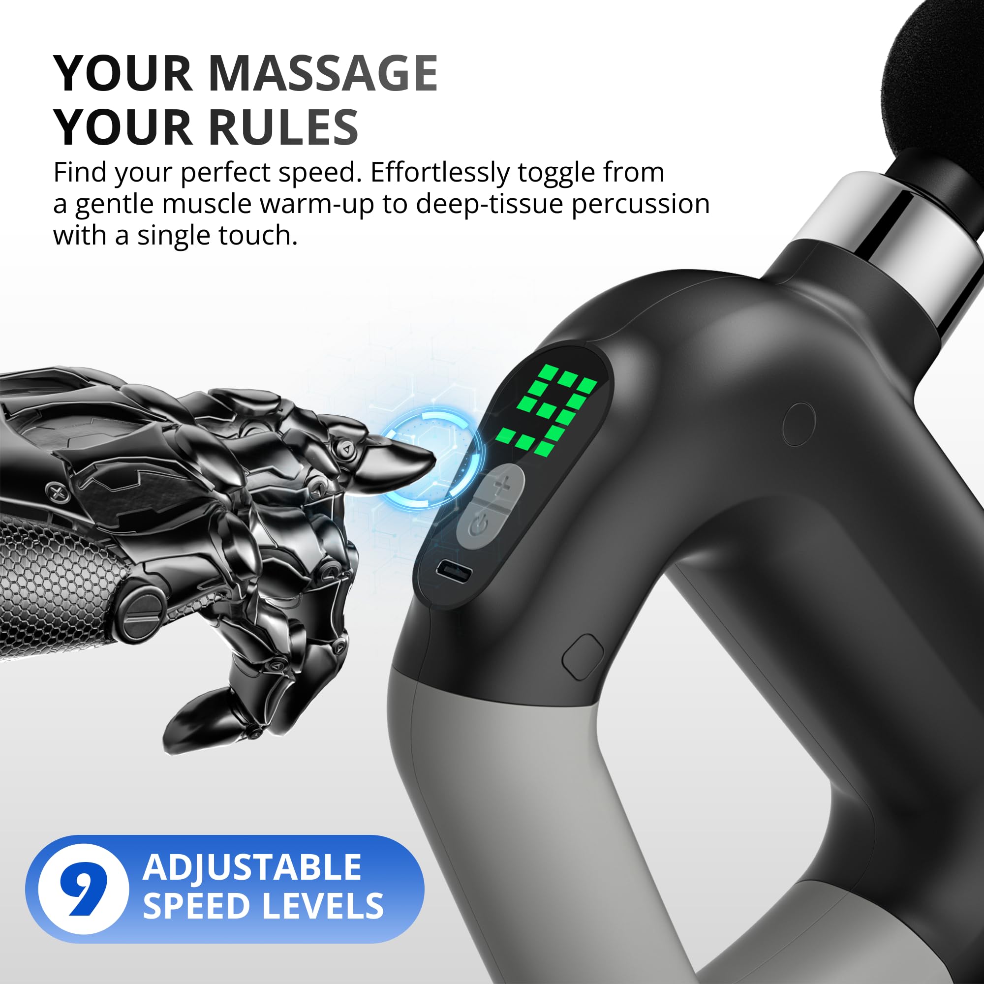 BarberBoss Pistola per massaggi Small, Massaggiatore Muscolare, QR-3641 | 9 livelli di intensità, 8 testine intercambiabili, Portatile con custodia, Massaggiatore muscolare