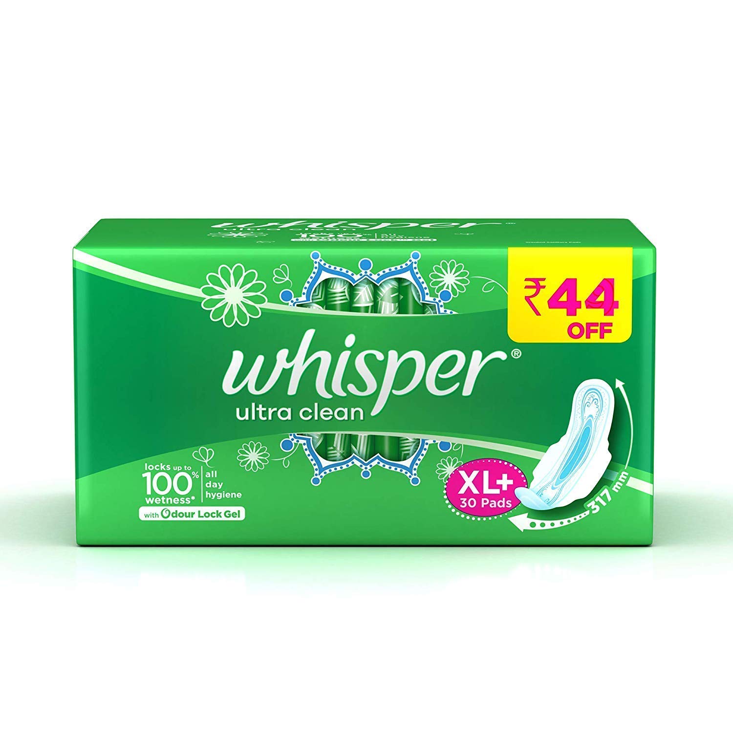 Whisper Ultra Clean XL with Odour Lock Gel Sanitary Napkins Pack of 2 (60 Pads)