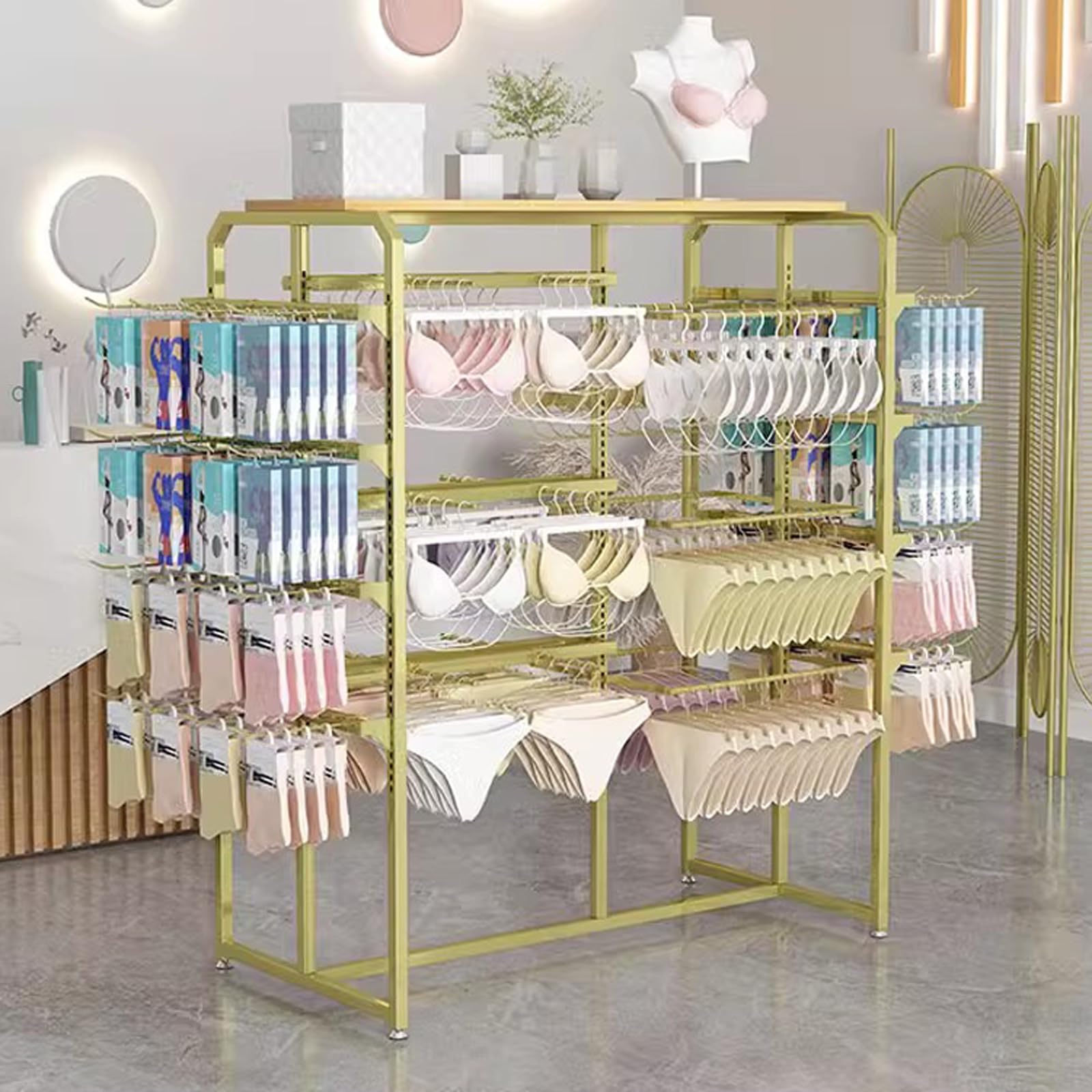 DETMOL Adjustable, double-sided lingerie display stands, storage stands for lingerie, bras, panties and scarves in boutique retail stores, freestanding metal clothes hangers for clothing stores