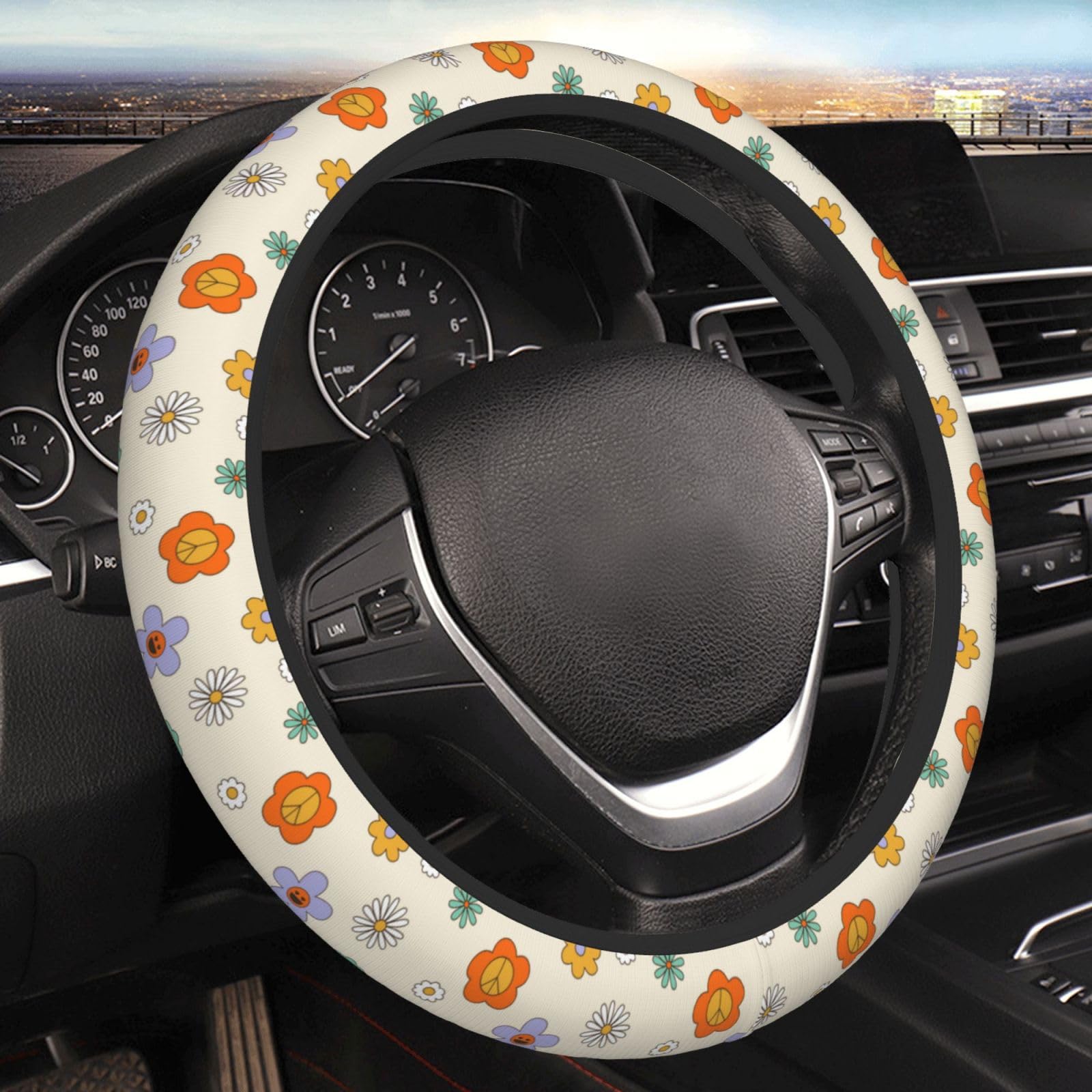 Hippie Groovy Flower Cute Peace Steering Wheel Cover for Women Men Girls Car Accessories Decor Anti-Slip Neoprene Auto Steering Wheel Covers Protector Universal 15 Inch