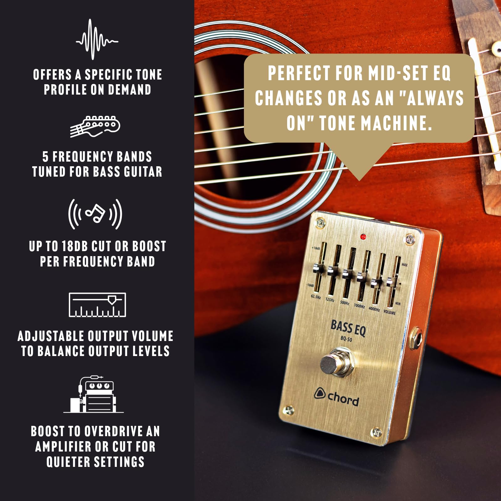 Chord | efektów gitarowych | BQ-50 5-pasmowy basowy EQ: precyzyjne kształtowanie tonów dla gitarzystów basowych z regulowanymi suwakami częstotliwości i trwałą konstrukcją