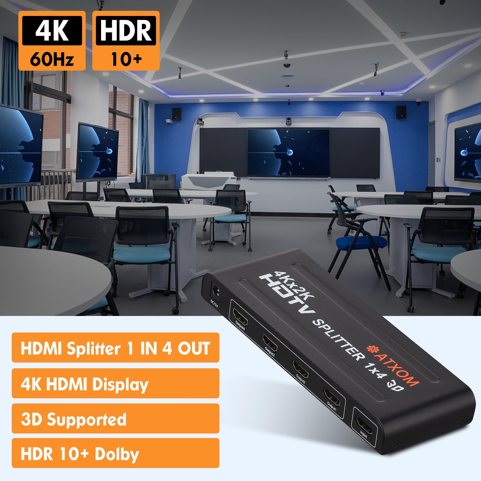 Répartiteur HDMI 1 entrée 4 sorties – 1 x 4 HDMI dupliqué/miroir – Répartiteur alimenté Full HD 1080p, 4K – Une source vers quatre écrans identiques